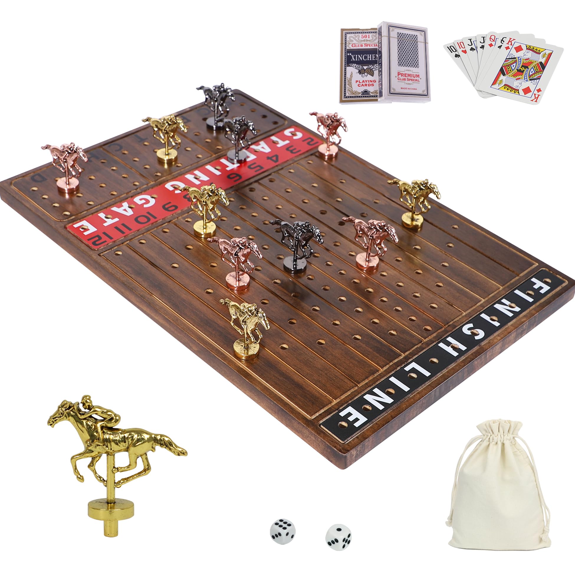 Horse Racing Game，Luxury Horse Racing Board Game，with 11 Luxury Metal Horses, 2 Dice and 2 Playing Cards (40 cm Small, Burnt color)
