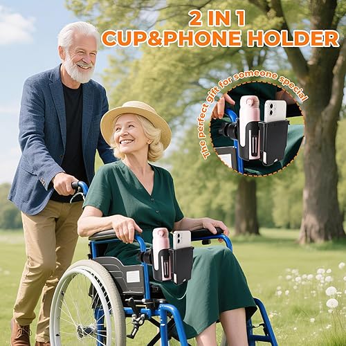 Miniatura 2 de Portavasos para silla de ruedas, 2 en 1 con soporte para teléfono, soporte ajustable para bebidas para silla de ruedas, andador, cochecito, rodillo,