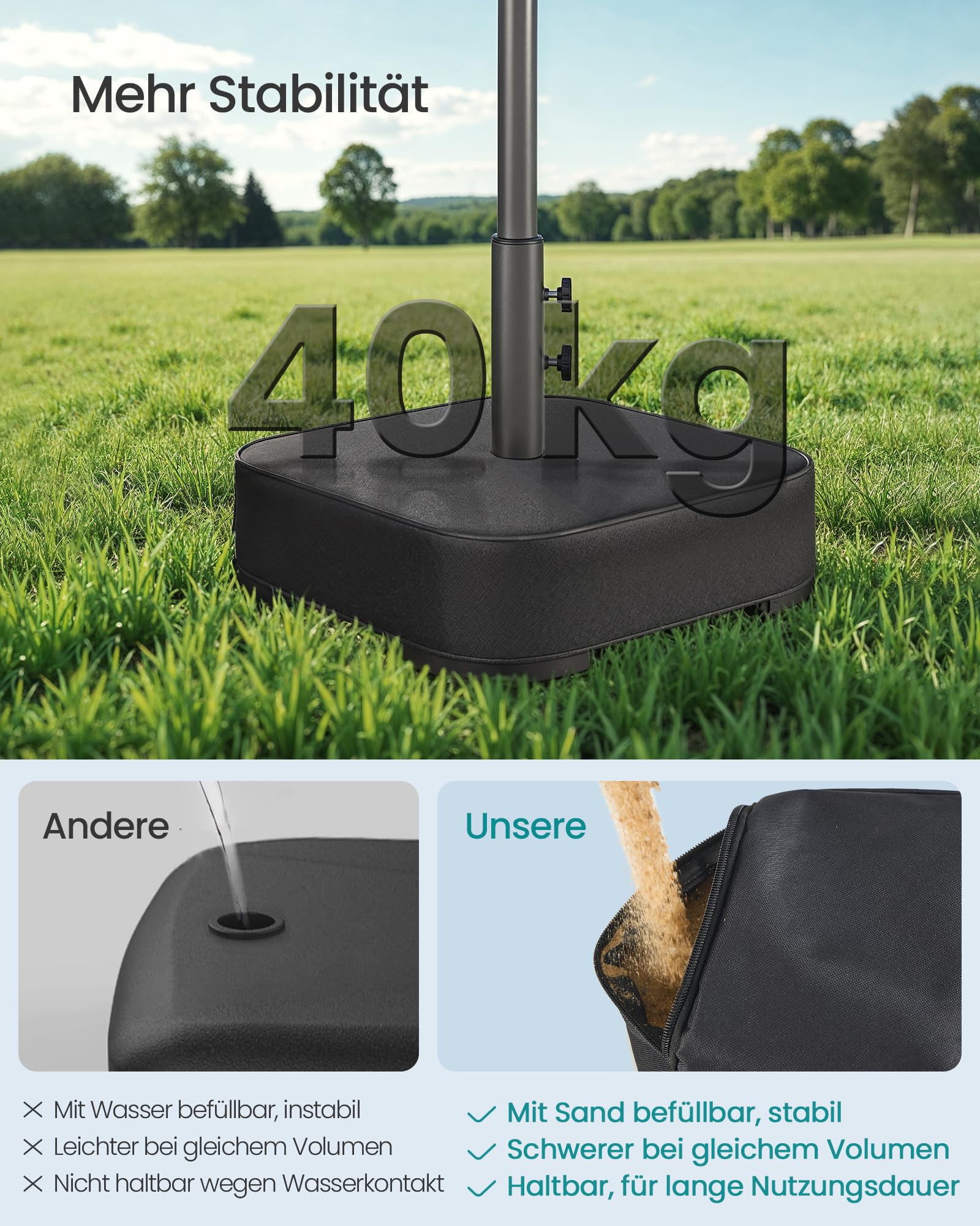 SONGMICS Sonnenschirmständer, Schirmständer, mit Sand befüllbar, Schirmhalter, für 1,5-3 m Sonnenschirm, Sonnenschirmfuß, mit 3 Reduzierringen, schwarz GUB0042B01