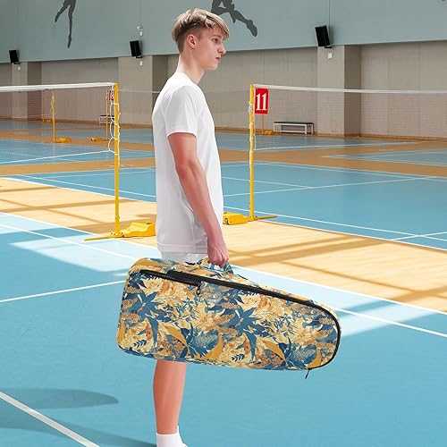 Miniatura 8 de Bolsa de tenis unisex transpirable con patrón de hojas coloridas, estampado de arte de 3 raquetas de bádminton para mujeres y hombres, funda para