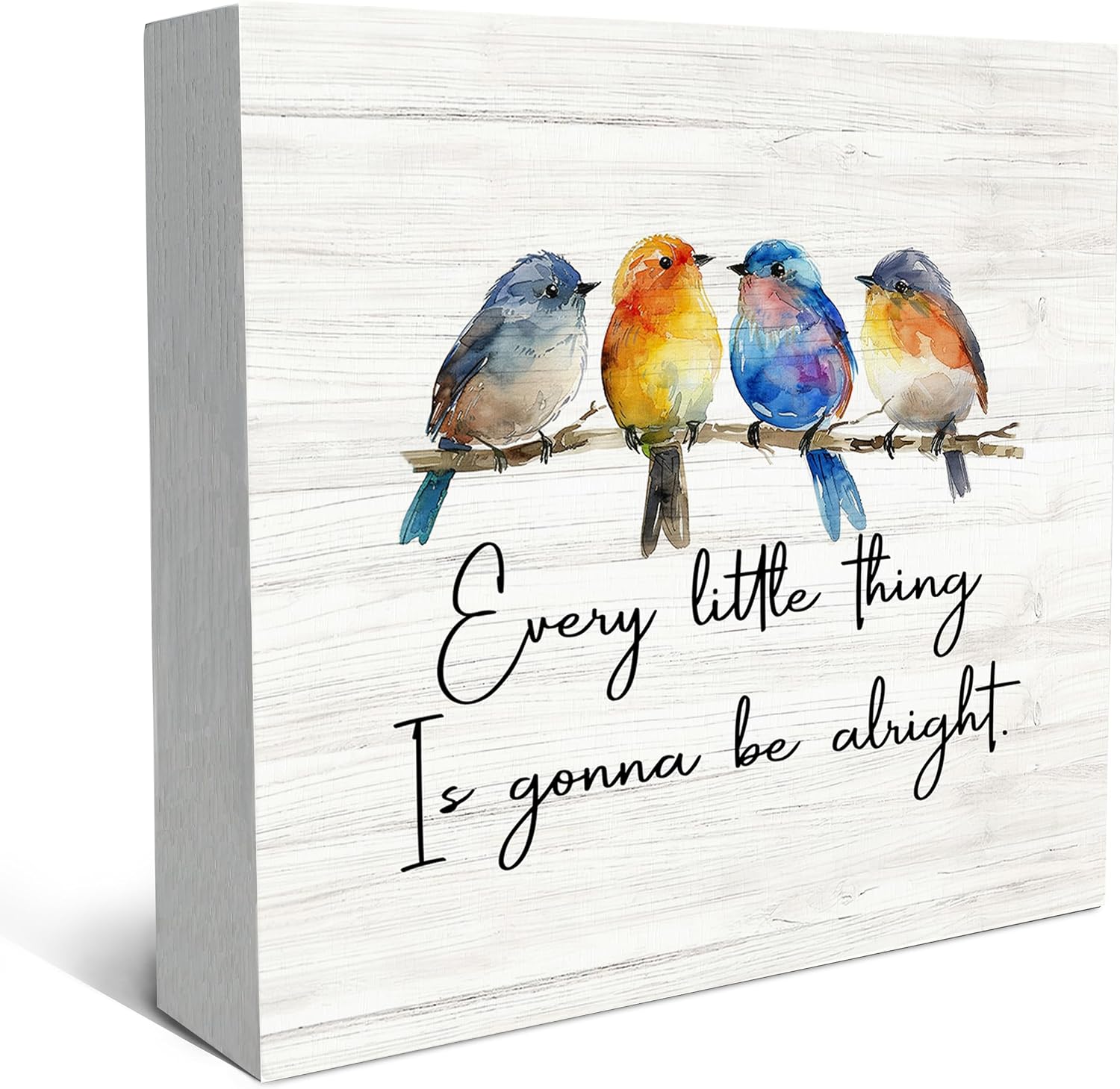 SRADMO Inspirational Bird Every Little Thing Is Gonna Be Alright Wood Box Sign Desk Decor, Bird Positive Motivational Theme Wooden Block Box Sign Decoration for Home Office Shelf Table