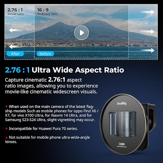 SmallRig 1.55XT Anamorphic Lens for Phone, 2.76:1 Widescreen Cinematic Blue Flare Lens for T-mount Phone Cage, Anamorphic Lens with Lens Clip for iPhone 15 14 13 12, for Samsung S22 S21 Series - 3578B