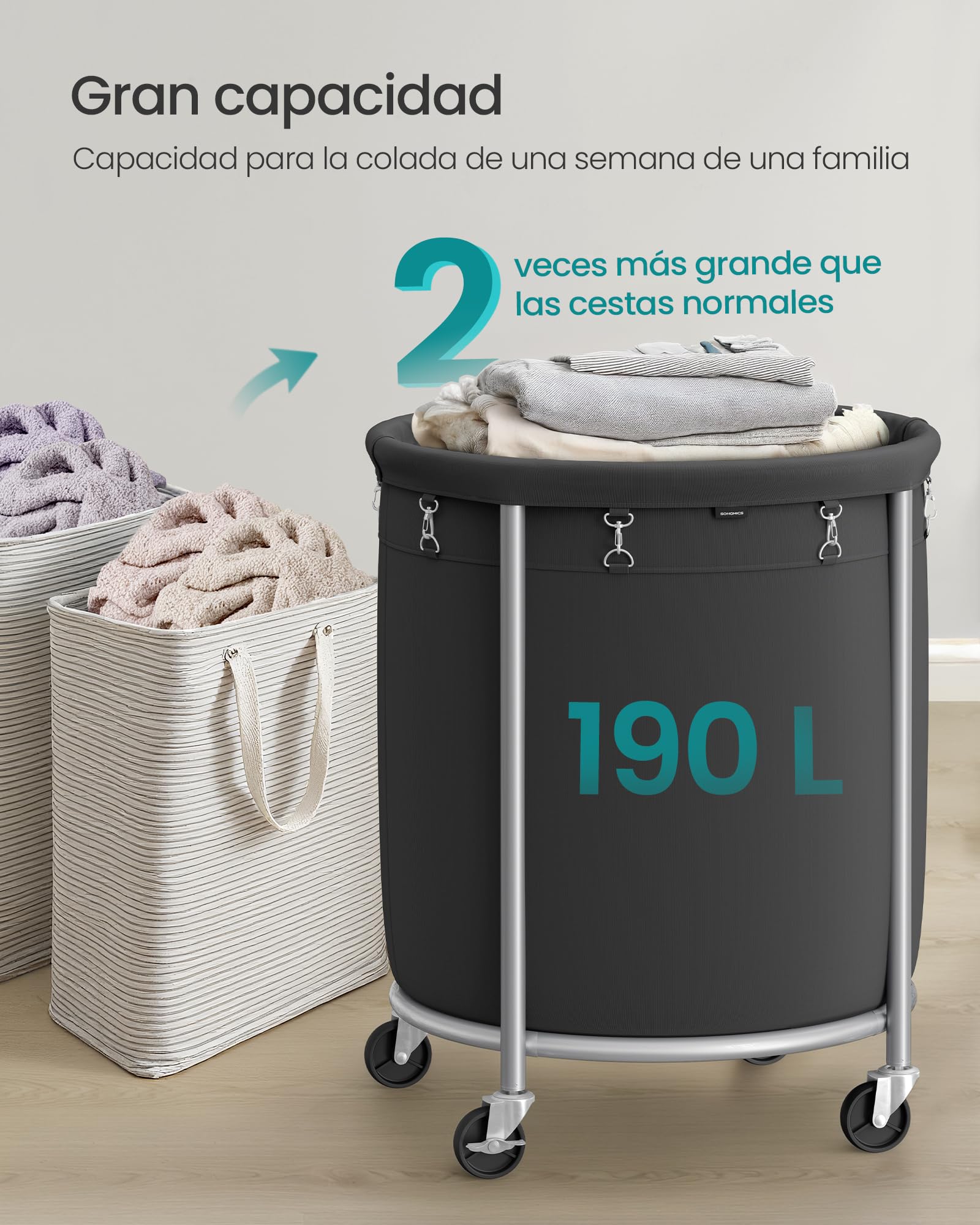 SONGMICS Cesto de Ropa Sucia con Ruedas, Cesta de la Ropa Sucia, 170 L, Cesto Redondo con Marco de Acero y Bolsa Extraíble, 4 Ruedas y 2 Frenos, Negro y Plata RLS001B01