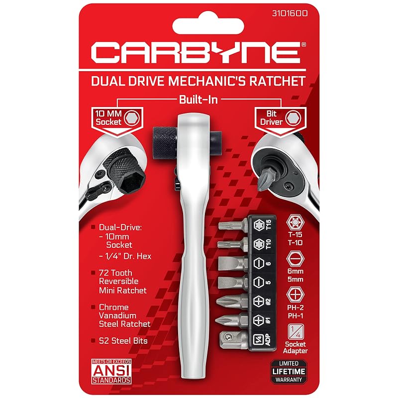 Jogo de Soquete e Chave de Soquete Carbyne Dual Drive com Catraca de 72 Dentes, Soquete Integrado de 10 mm e Encaixe para Bits de 6,35 mm