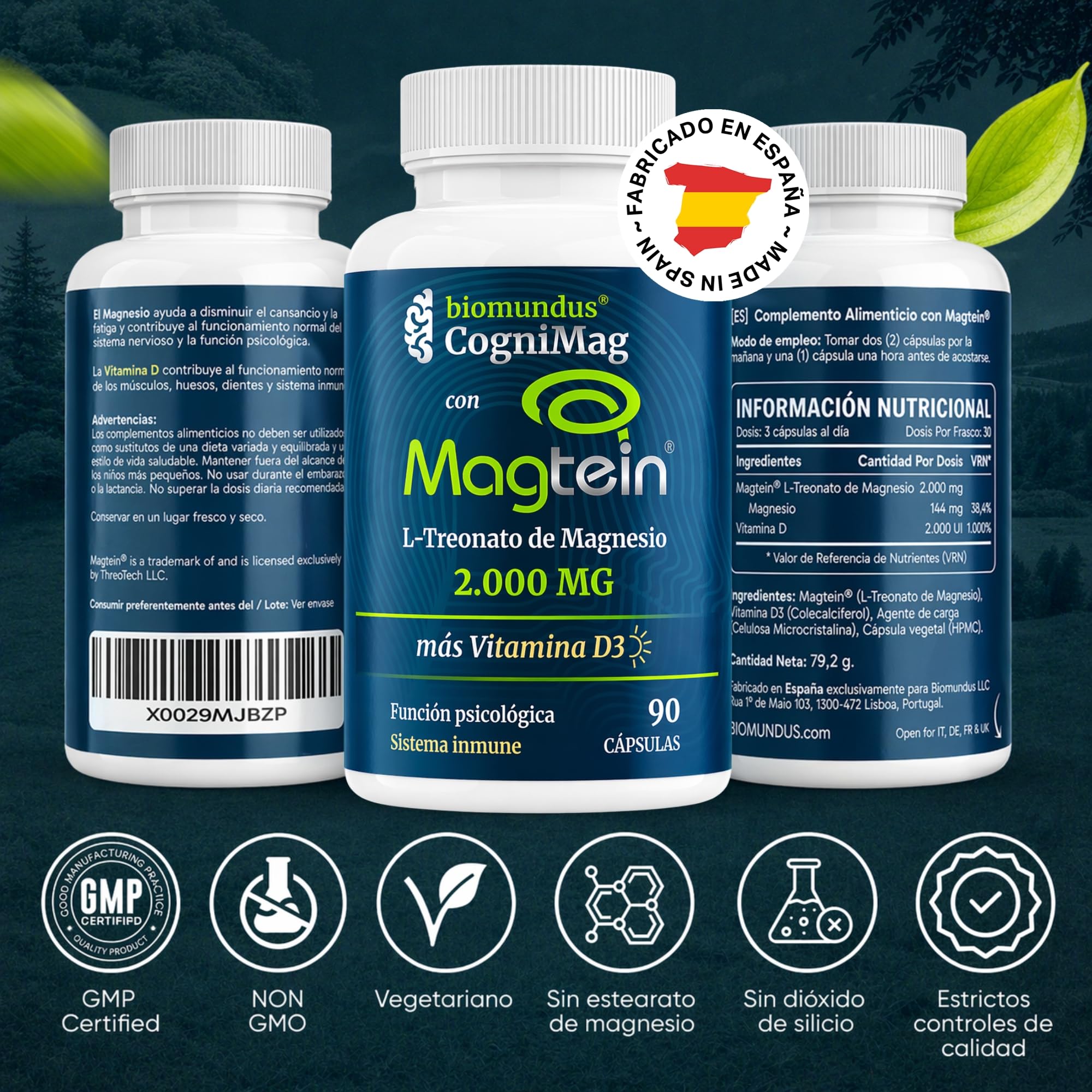 L-treonato de Magnesio Magtein® 2000 mg biomundus + Vitamina D3 2.000 UI dosis. Magnesio treonato Función cerebral óptima, mejor descanso, sueño, memoria, sistema inmune, músculos y huesos 90 cápsulas