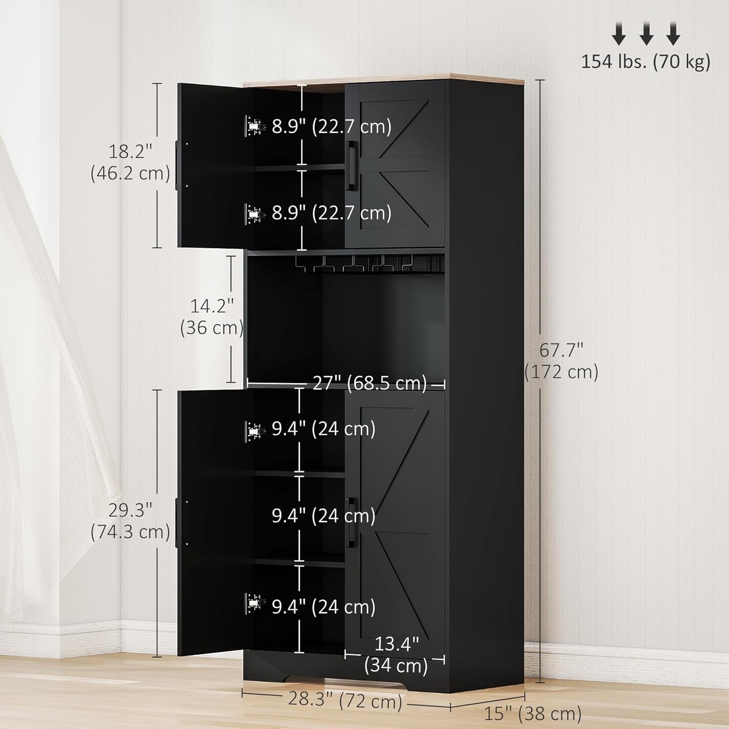Diagram showing detailed dimensions of the HOMCOM Kitchen Pantry Storage Cabinet