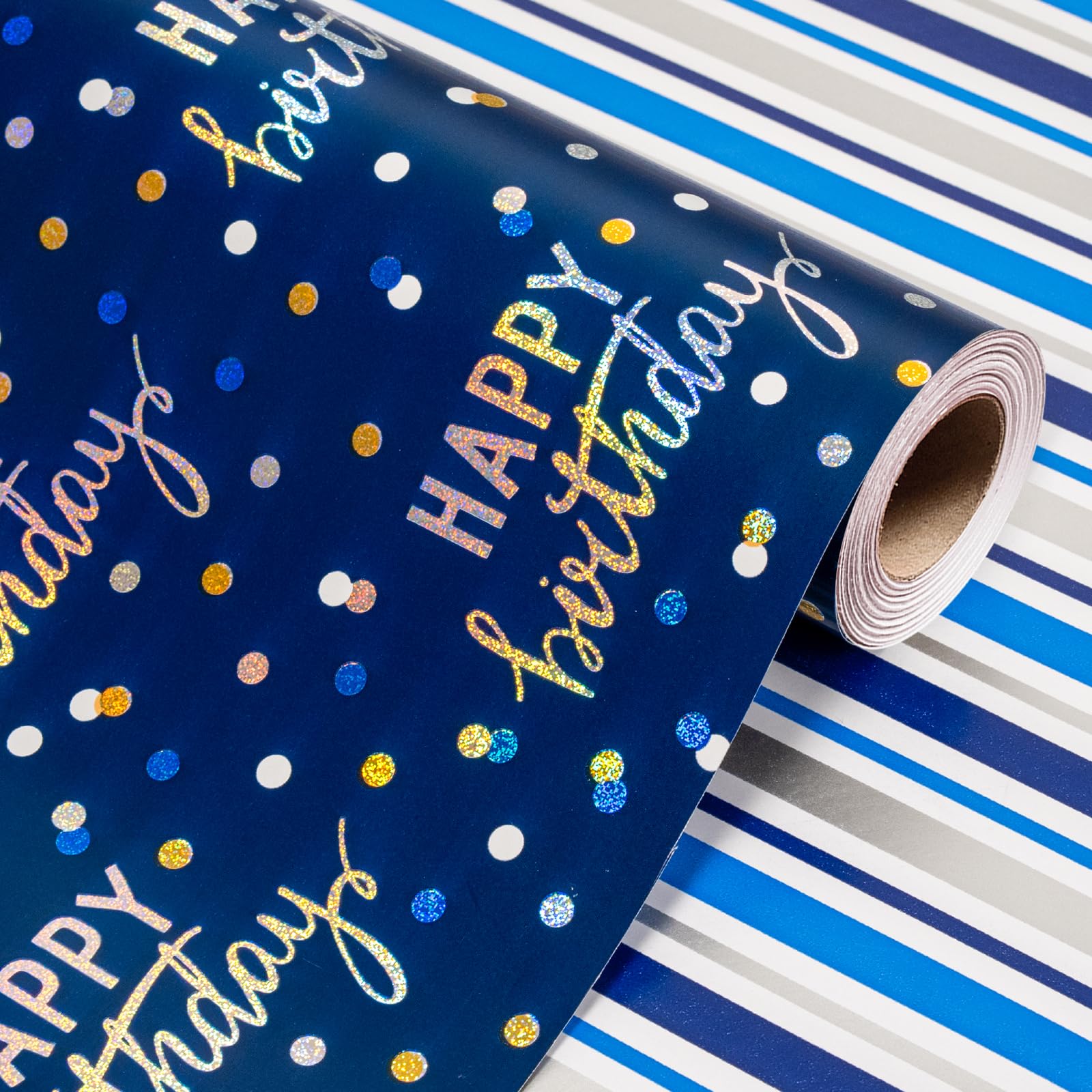 Wikadlik Birthday Wrapping Paper, Blue Happy Birthday Lettering Cute Dots Stripes Gift Wrap Paper Roll for Party Celebration Fathers Day - 43cm x 10m
