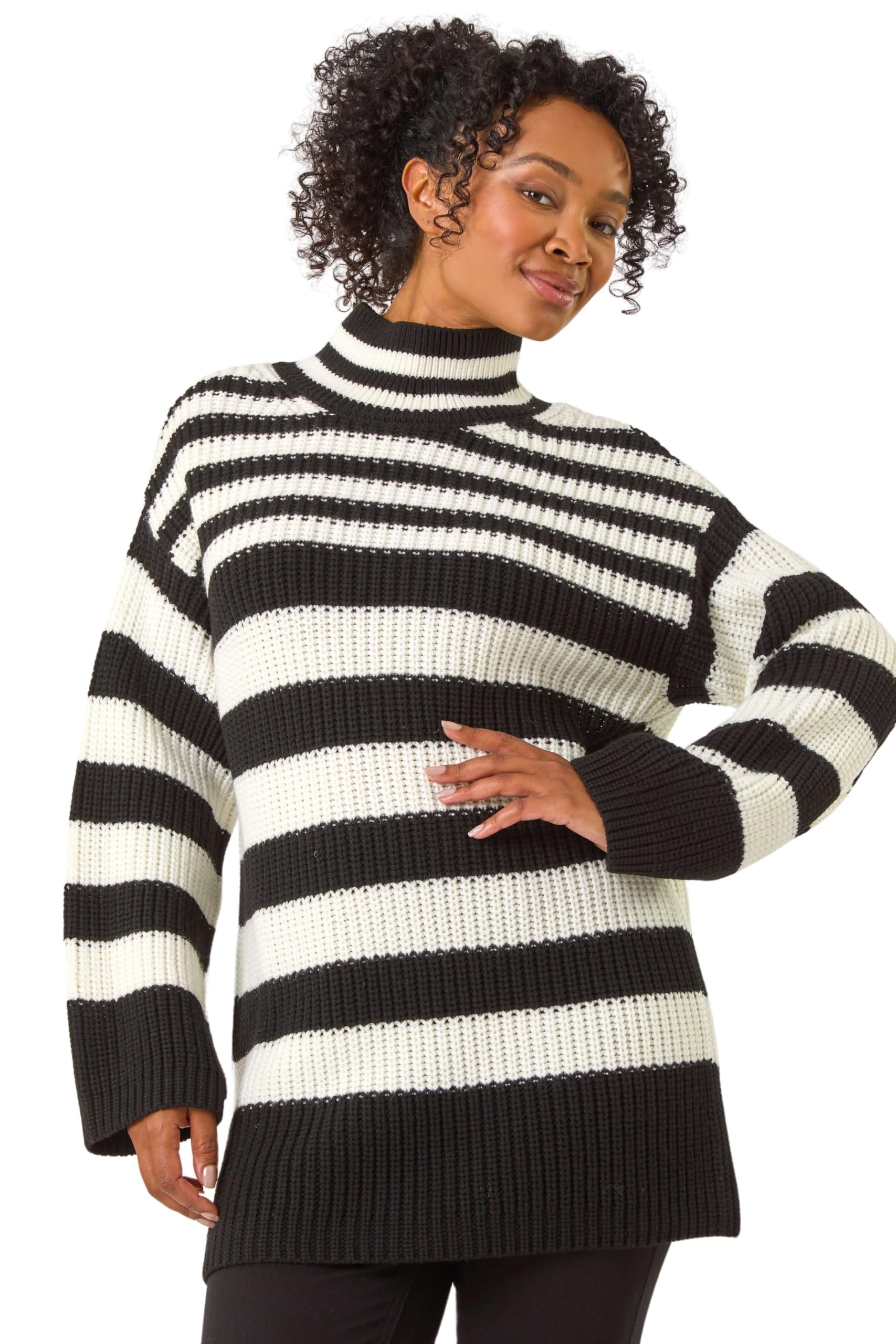 Roman Petite Stripe High Neck Jumper for Women UK - Ladies Everyday Autumn Winter Comfy Soft Evening Vacation Work Party Night Out - Petite Black - Size 14