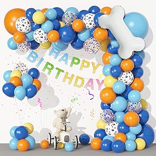 128Pcs Blueyi Birthday Party Supplies Balloons Garland Kit, Blue Orange Yellow White Bone Dog Paw Balloons Arch Banner for Baby Shower Girls and Boys Blue Theme Happy Birthday Party Decorations