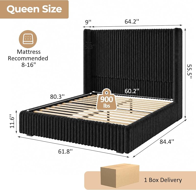 Queen Size 55" Tall Upholstered Bed Frame with Wingback Headboard image 2