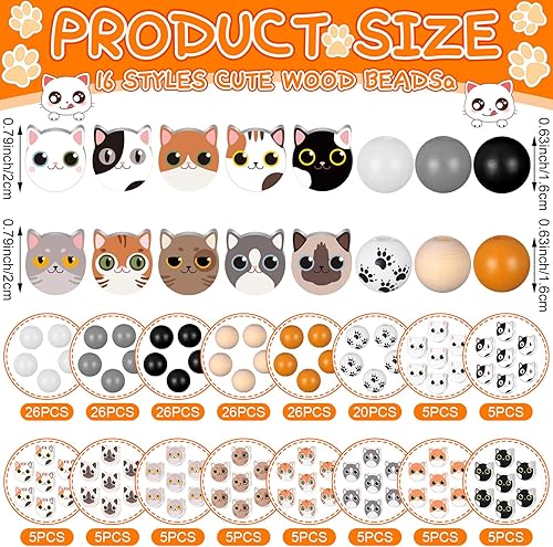 Miniatura 2 de 200 cuentas de madera con estampado de gato de 0.630 in, cuentas redondas de madera naturales hechas a mano, cuentas espaciadoras pulidas para hacer