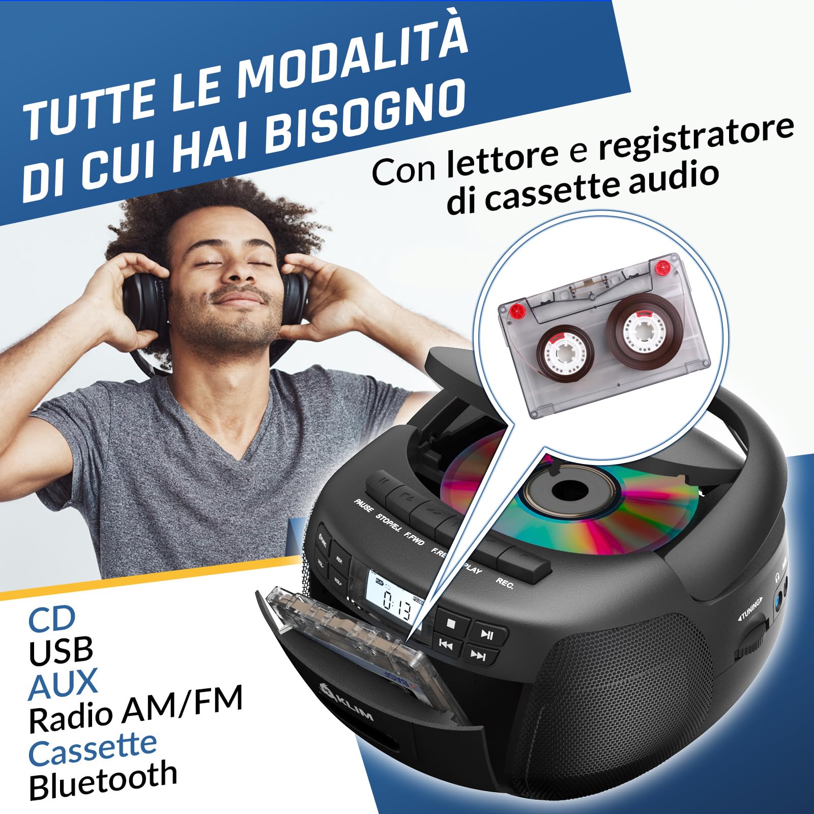 KLIM Lettore CD - Lettore Cassette Audio, AM/FM Radio Bluetooth, Stereo CD Player, Remota, Registrazione Su Nastro, USB Drive, AUX, Radio CD Stereo Casa Alimentazione AC/DC