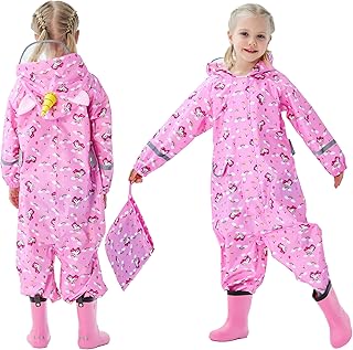 FILOWA Raincoat Children Girls Breathable Mud Suit Waterproof Rain Suit with Hood Lightweight Rain Overall Outdoor Rain Clothing One-Piece Overalls Rain for School Hiking 1-9 Years