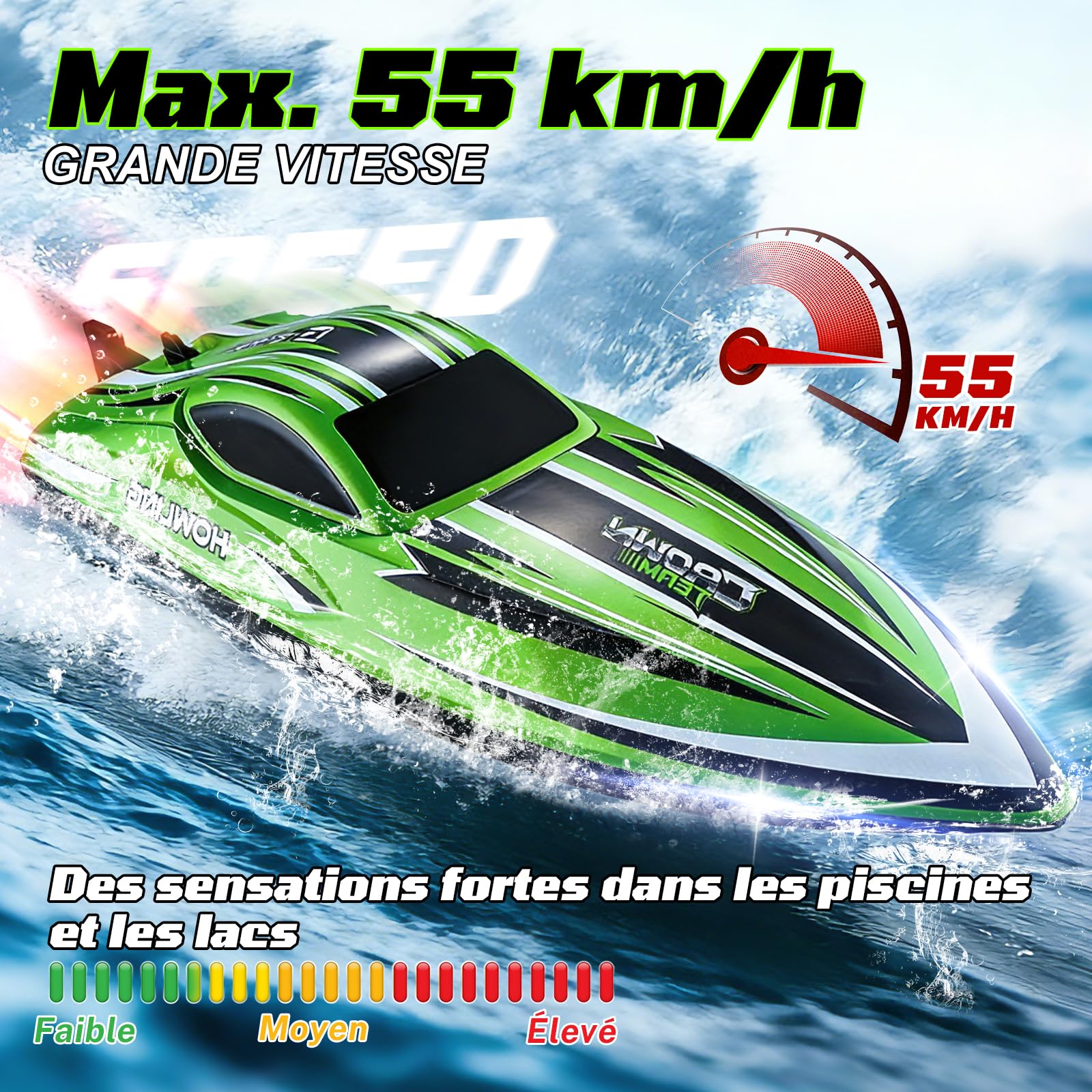 Bateau télécommandé, 55 km/h, bateau télécommandé avec batterie 3S, sans balais, LED, auto-redressement, 2,4 GHz, bateau de vitesse télécommandé, bateau à moteur télécommandé, pour enfants et adultes