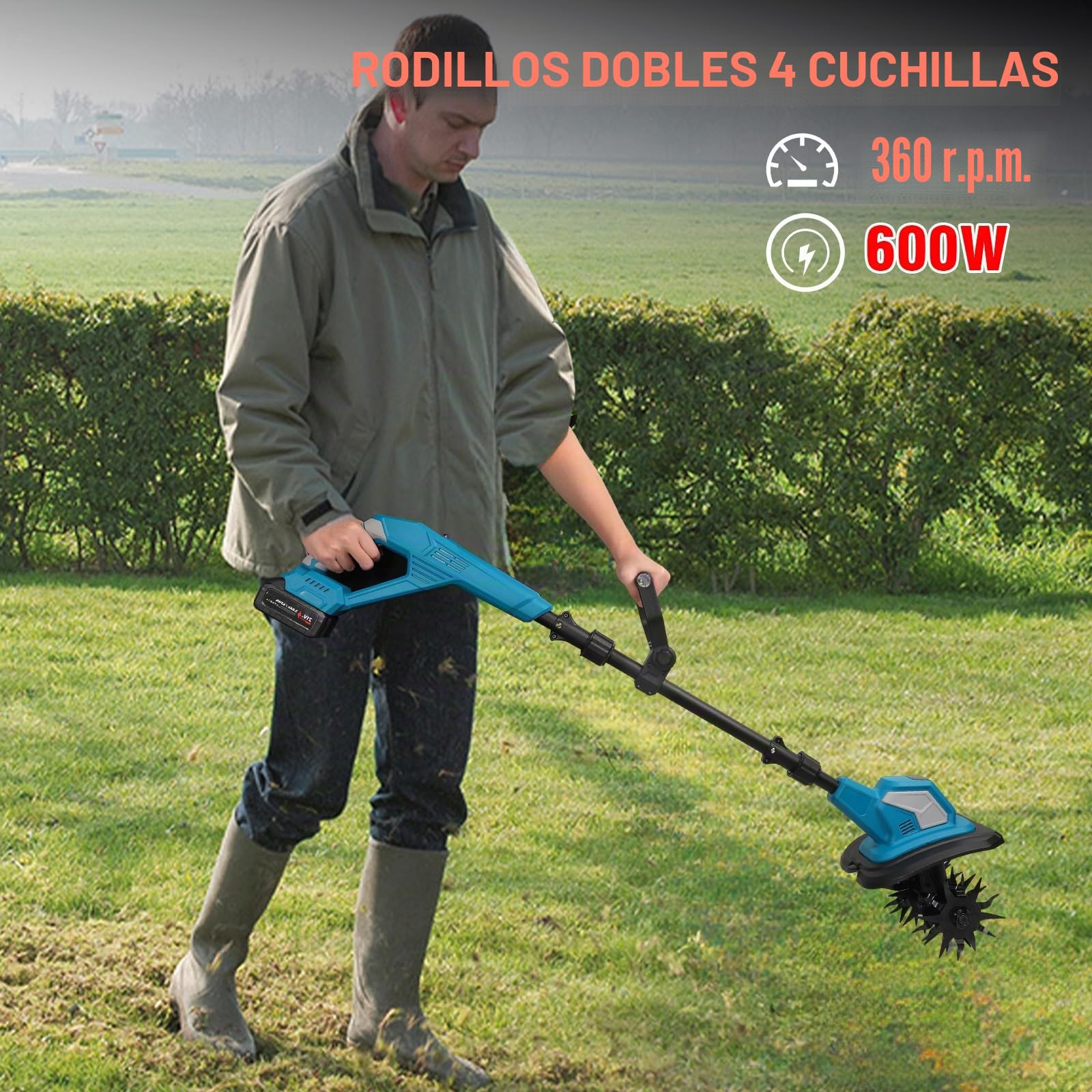 Motoazada Eléctrica 600 W, Motoazada Batería con 2 baterías, Barra Regulable y Plegable, Profundidad de Trabajo 24 cm, Ancho de Trabajo 17 cm, para Aflojar el Césped, Huerto y Jardín Residencial