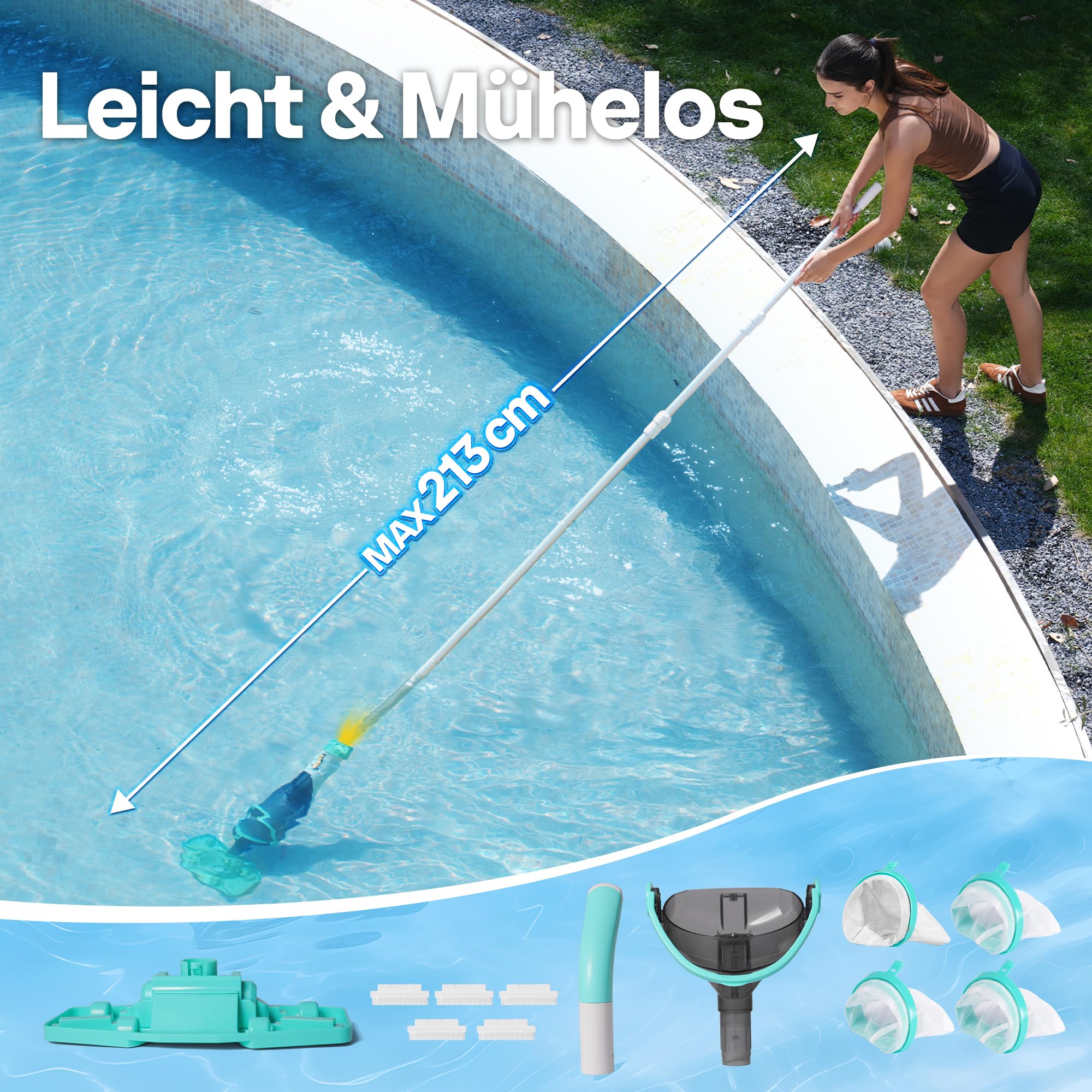 VIVOHOME 213cm Kabelloser Poolsauger Absaugung bis zu 70LPM tragbar Poolreiniger mit 4 Filterbeutel für Pool Whirlpools Schwimmbad und Spa