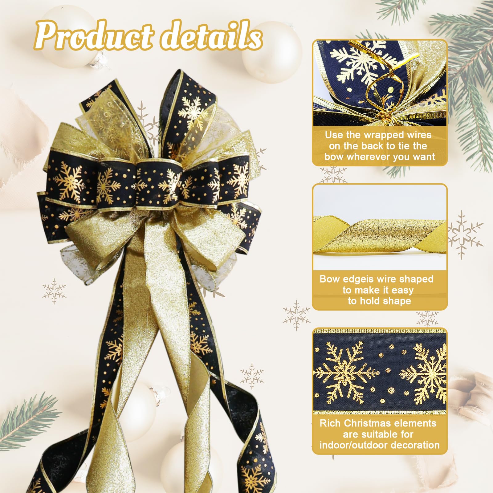 Lazo grande para decoración de árbol de Navidad de 52 x 13 pulgadas, lazos de corona de cinta con alambre preatados, adornos de Navidad con borde largo con alambre para vacaciones, Acción de Gracias,