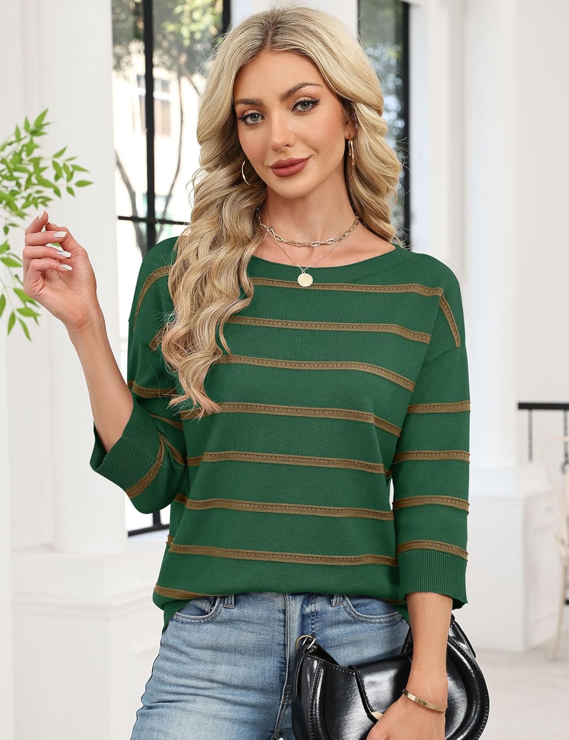 LOMON Women's Soft Comfy Knit Pullover Sweater Striped Boat Neck Spring Dressy Casual Sweater Tops 2026 - Image 3