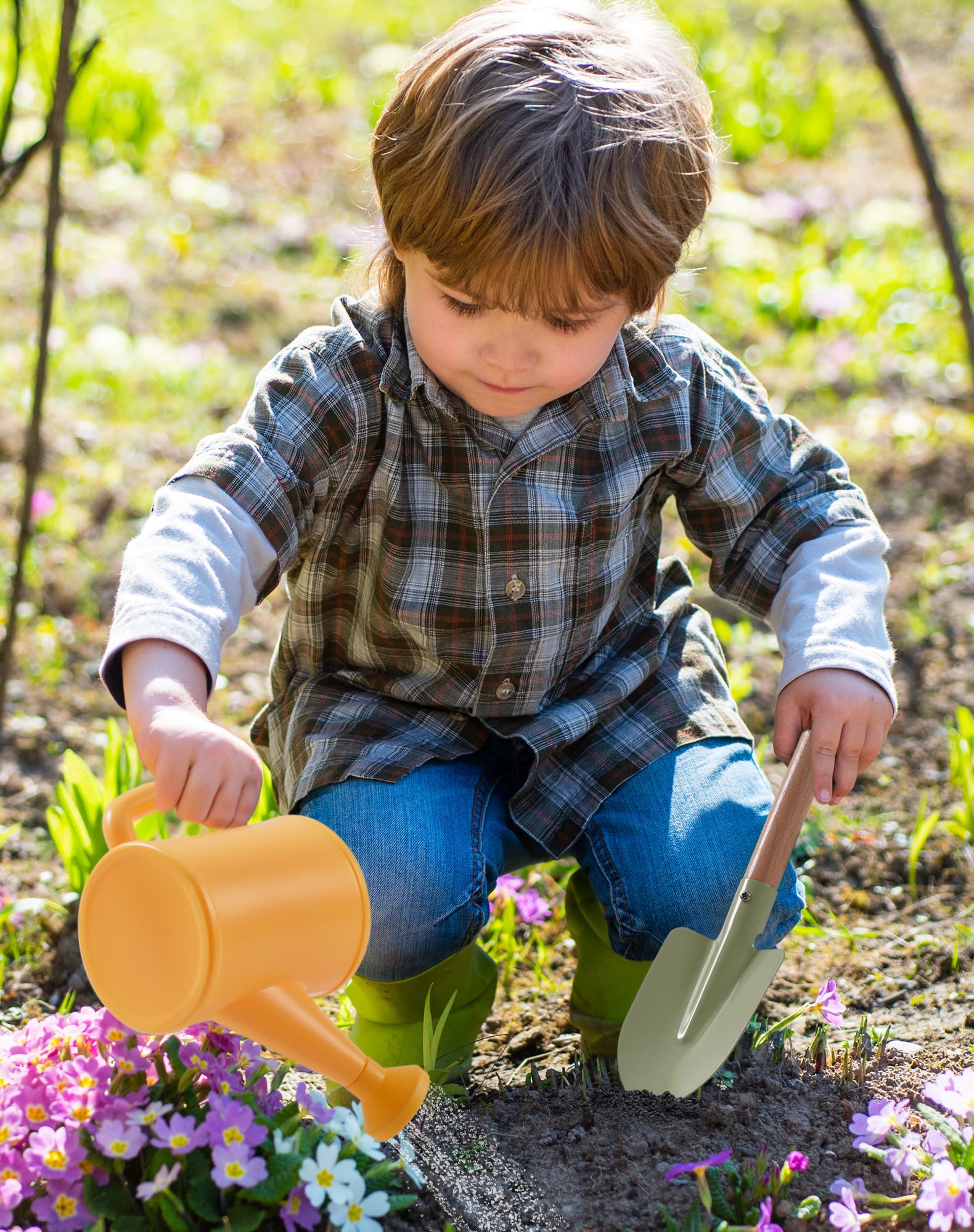 ROBOTIME Kids Gardening Tool Set, 18PC Garden Tools Kit for Toddler with Watering Can Gloves, Apron & Hats - Image 3
