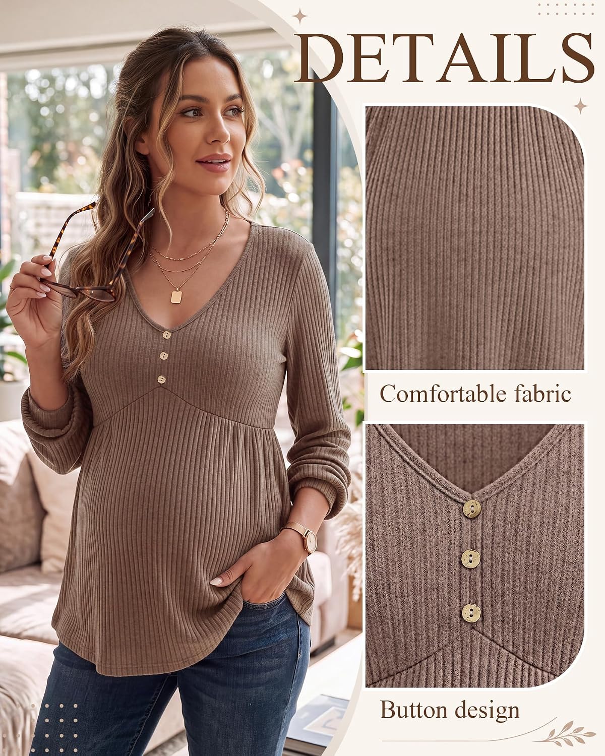 Cutecrop 3 Pack Maternity Tops for Women Long Sleeve Tunic Pregnancy Blouses Dressy Ribbed V Neck Pregnant Shirts Winter