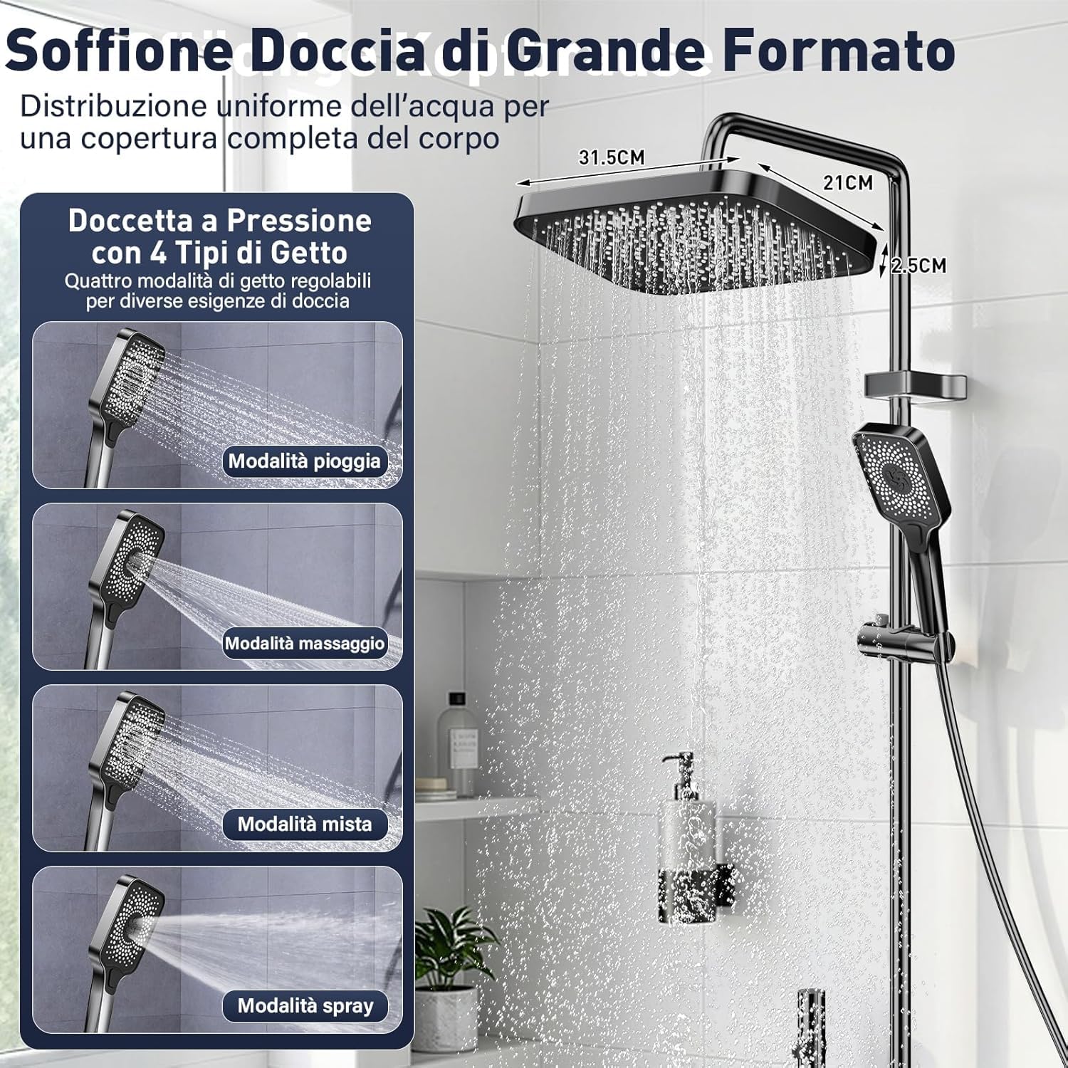 Colonna Doccia con Miscelatore, Set Doccia Soffione e Doccetta a Man, Pannello Comando Piano 4 Funzioni, Asta Saliscendi Altezza Regolabile, Corpo in Ottone Massiccio e Vetro Temperato-Grigio