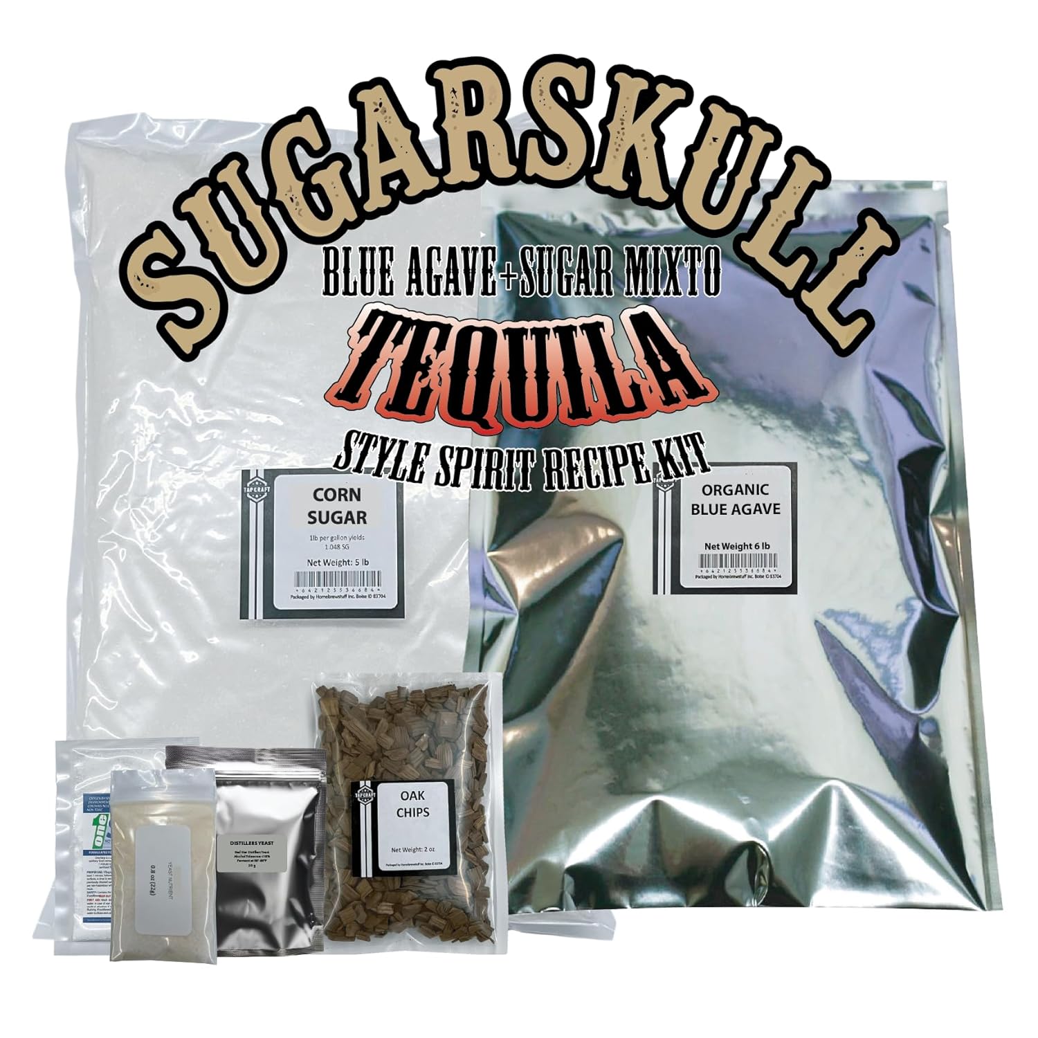 TAPCRAFT SUGARSKULL Tequila Style Recipe Kit – 5 Gallon Mixto Agave Mash (Agave + Sugar Blend) – Distillers Yeast, Nutrient & Oak Chips Included – Home Fermentation Kit