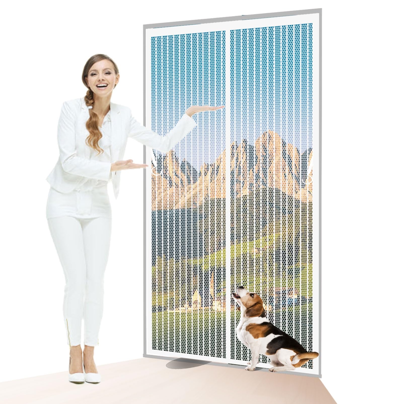 Magnetic Screen Door 133 x 176 cm Full Frame Magic Tape, Powerful Magnets Fly Screen Curtain Without Drilling, Heavy Duty Pet and Kid Friendly, White