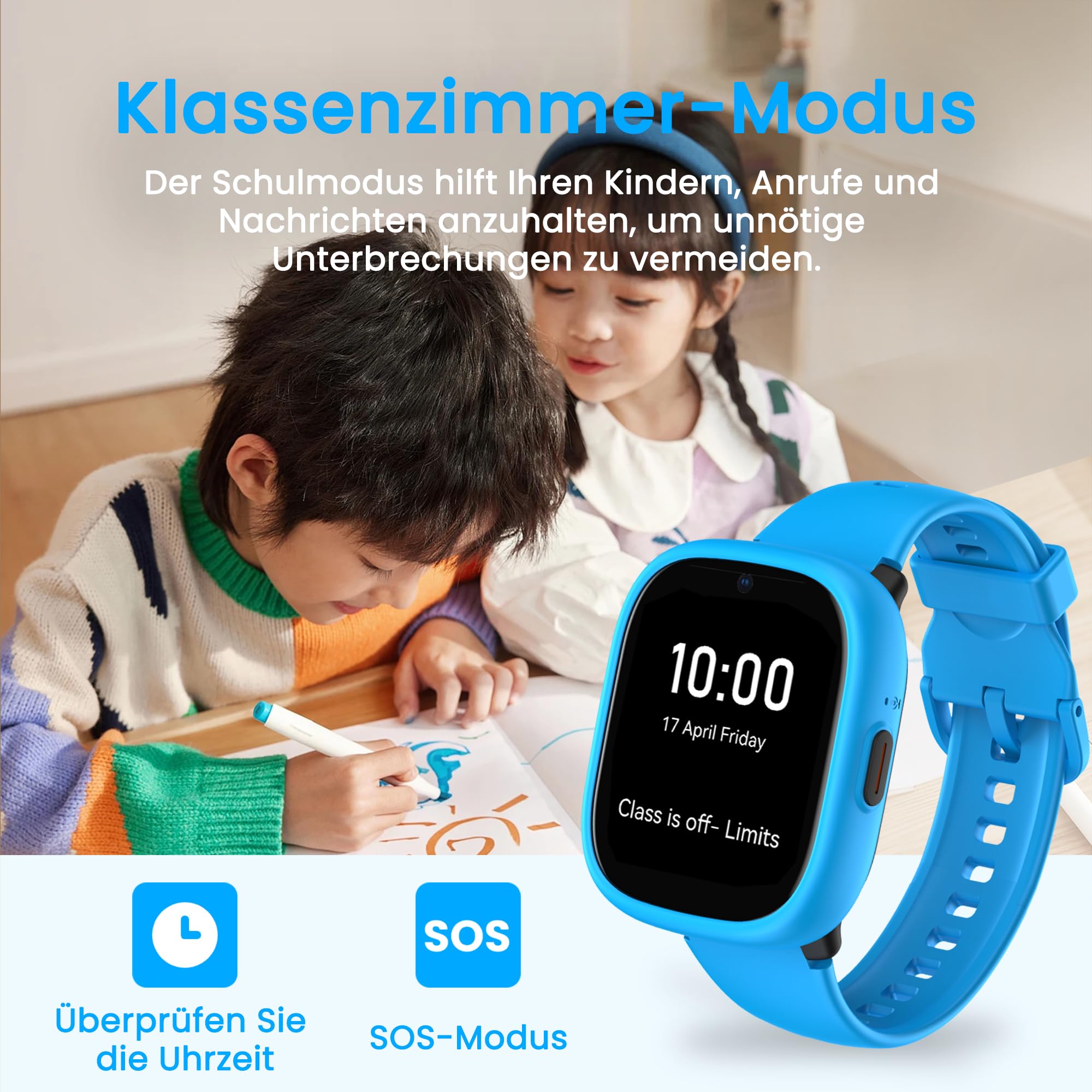 K3 4G Smartwatch Kinder mit GPS und Telefon, GPS Tracker kindr in Zwei austauschbaren Farben, Armbanduhr Kinder Junge mit Video Phone Call, Schulmodus, SOS-Funktion(Blau und Schwarz)