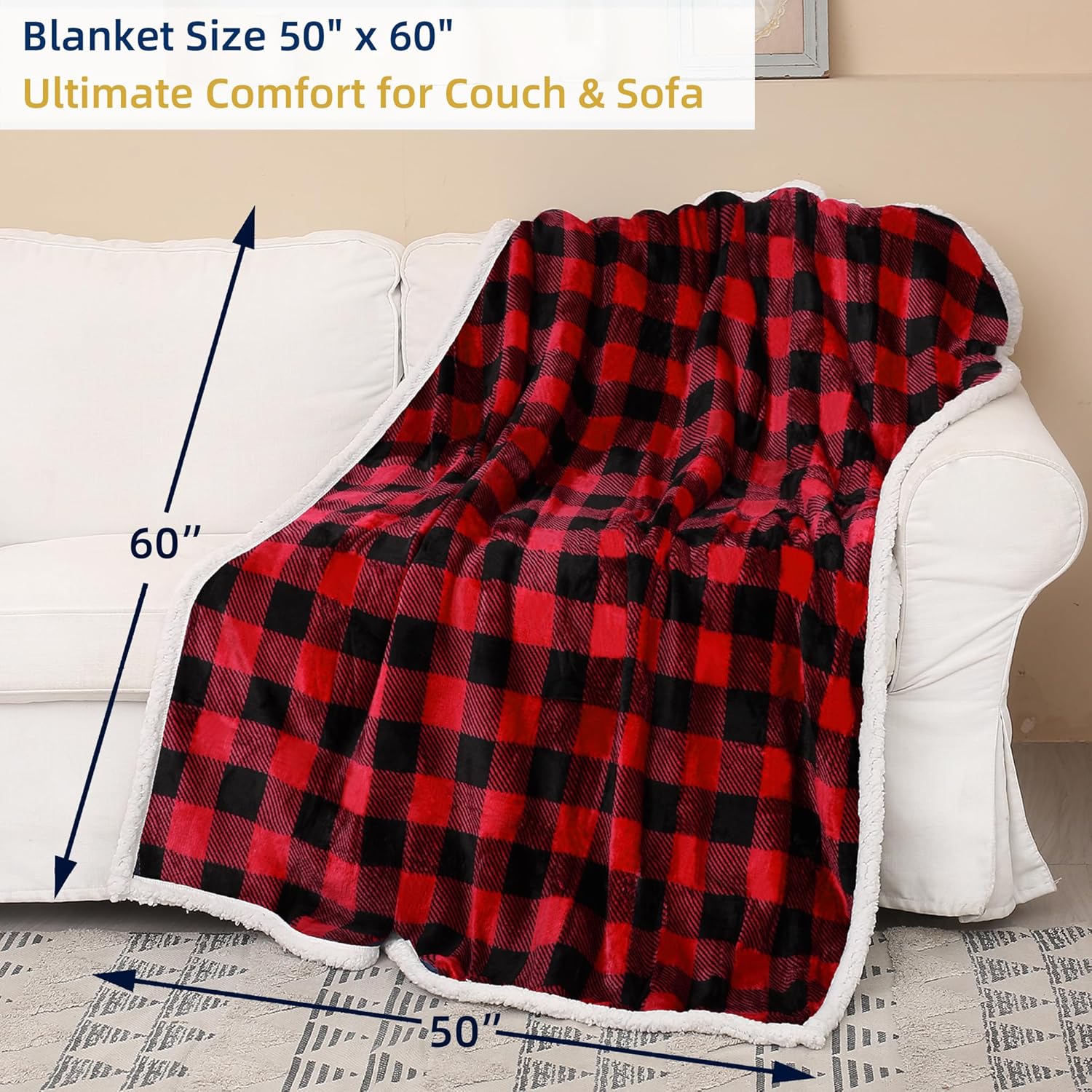 Catalonia Red Black Checkered Holiday Blanket, Buffalo Plaid Sherpa Throw for Couch Sofa Cabin Decor | Soft, Warm, Comfy, Fuzzy, Snuggy | 60x50 Inches, Christmas Blanket - Image 7