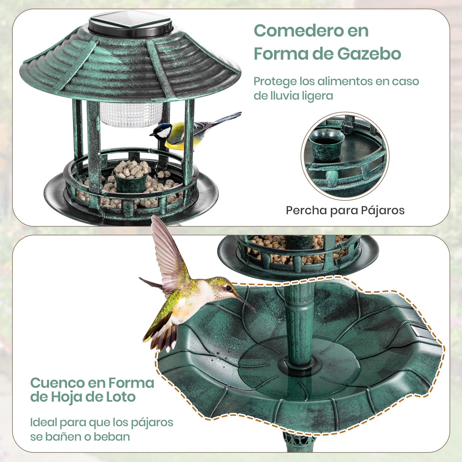 GYMAX Comedero y Baño para Pájaros Exterior, Bebedero Pajaros con 2 Lámparas Alimentadas por Energía Solar, Macetero de Flores, Soporte Rellenable, Bañeras para Decorativas de Jardín y Bosque