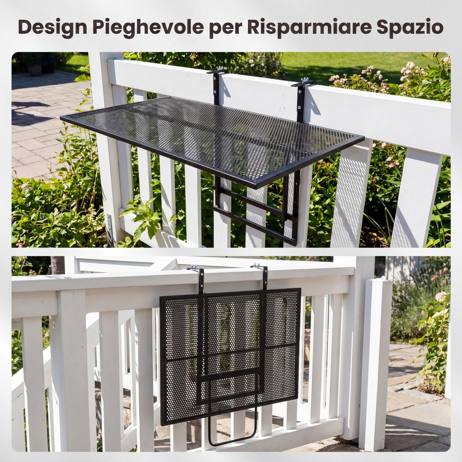 COSTWAY Tavolino Pieghevole da Balcone, Tavolino da Appendere | in Metallo per Ringhiera con Piano d'Appoggio Ampio, 5 Posizioni Regolabili, Tavolo Richiudibile