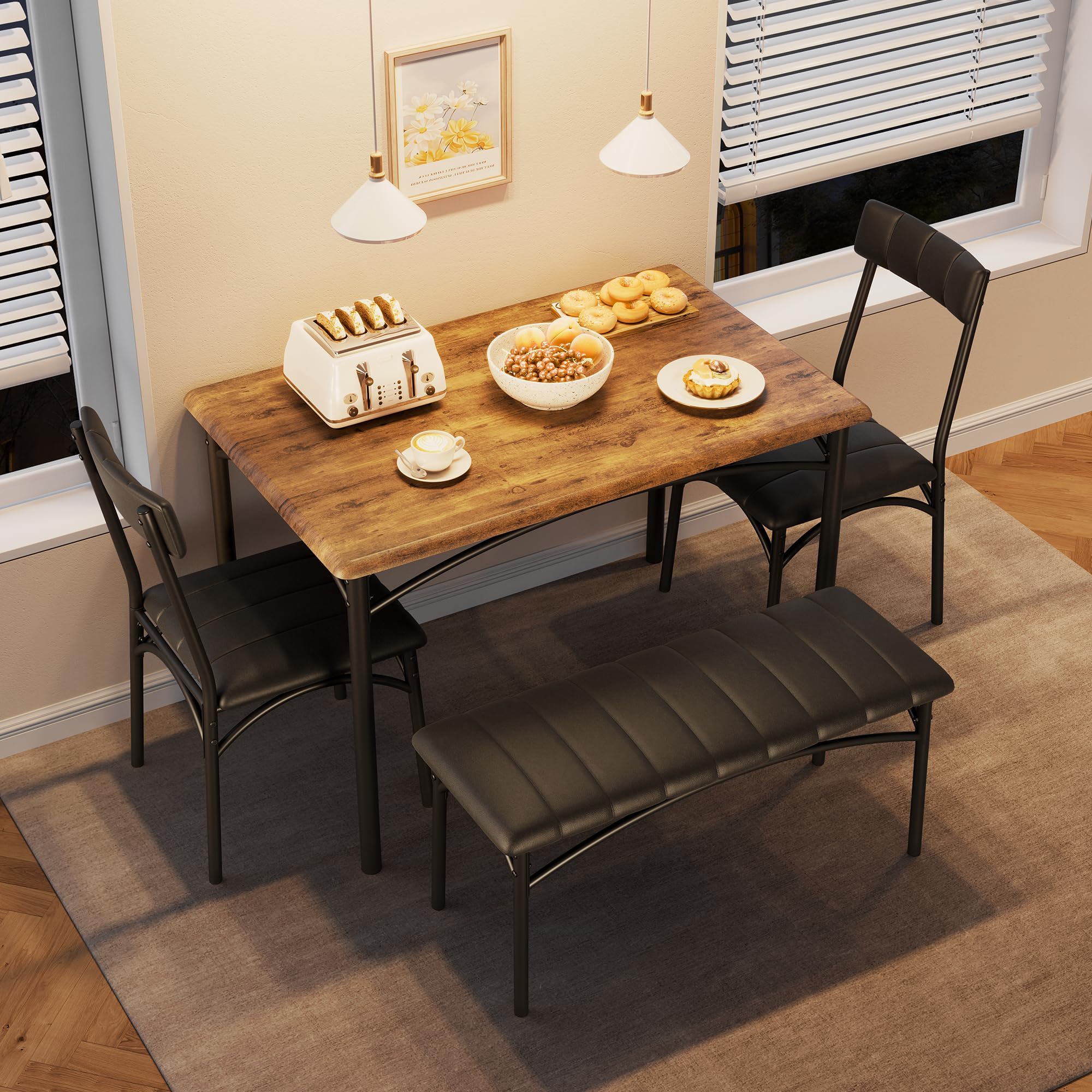 Esstisch mit 4 Stühlen Küchentisch | 110x70cm große Tischplatte | 90x35cm Bank | 43x43cm gepolsterte Sitzfläche