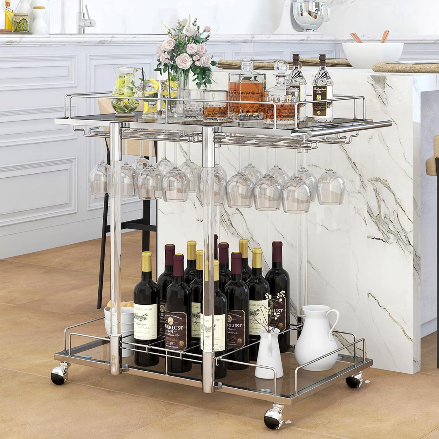 O&K FURNITURE Silver Bar Cart with Wine Rack Glass Ireland Ubuy