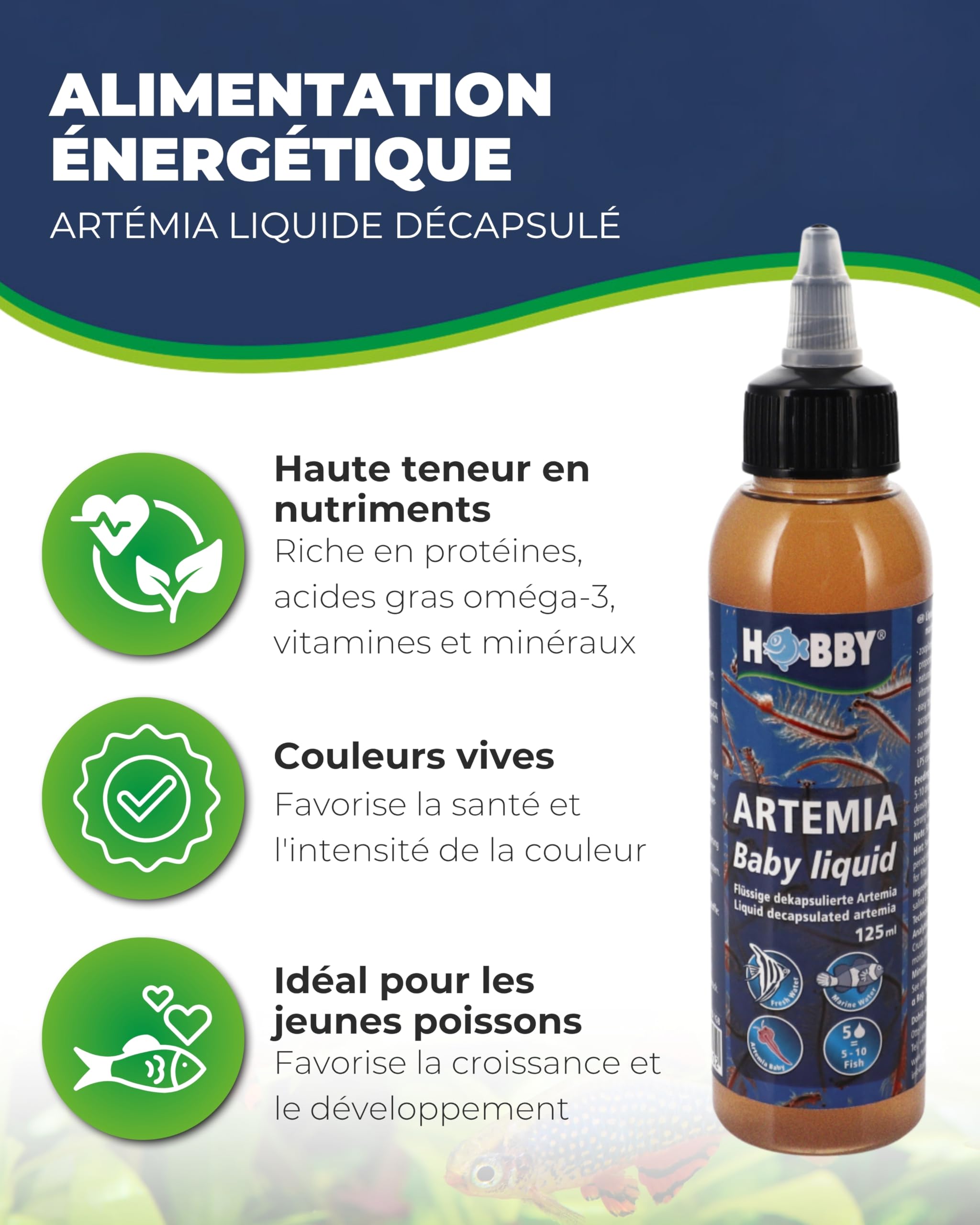Hobby Aquaristik Artemia Baby Liquid | 125 ML | Concentré Liquide de zooplancton idéal pour l’élevage des Jeunes Poissons | Nourriture pour Poissons d’Aquarium | pour Eau Douce et Eau de mer