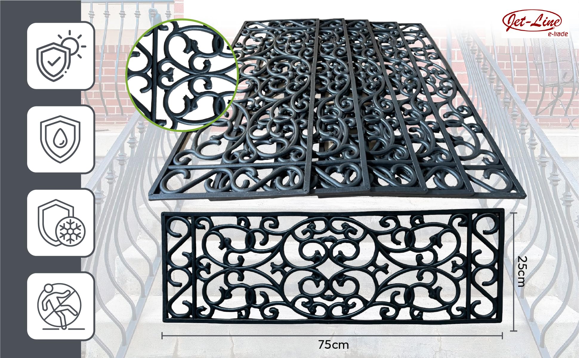 Jet-Line® | 5 Stück | Stufenmatte SCALA | schwarz | Relief | Rutschfeste Gummimatte | 25x75 cm | Ornament | Treppe | außen | outdoor | Antirutsch Matte | Gummi