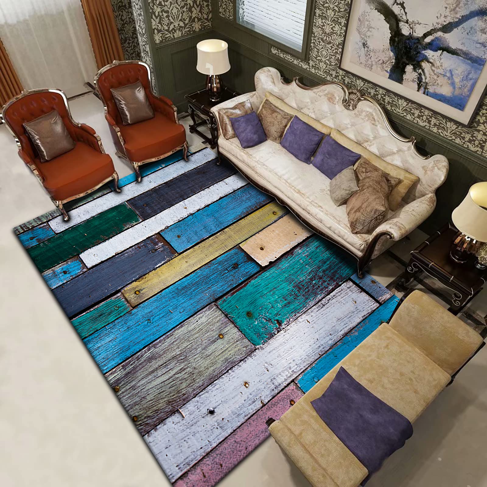 Tapis shaggy pour chambre et salon au design moderne effet bois élégant