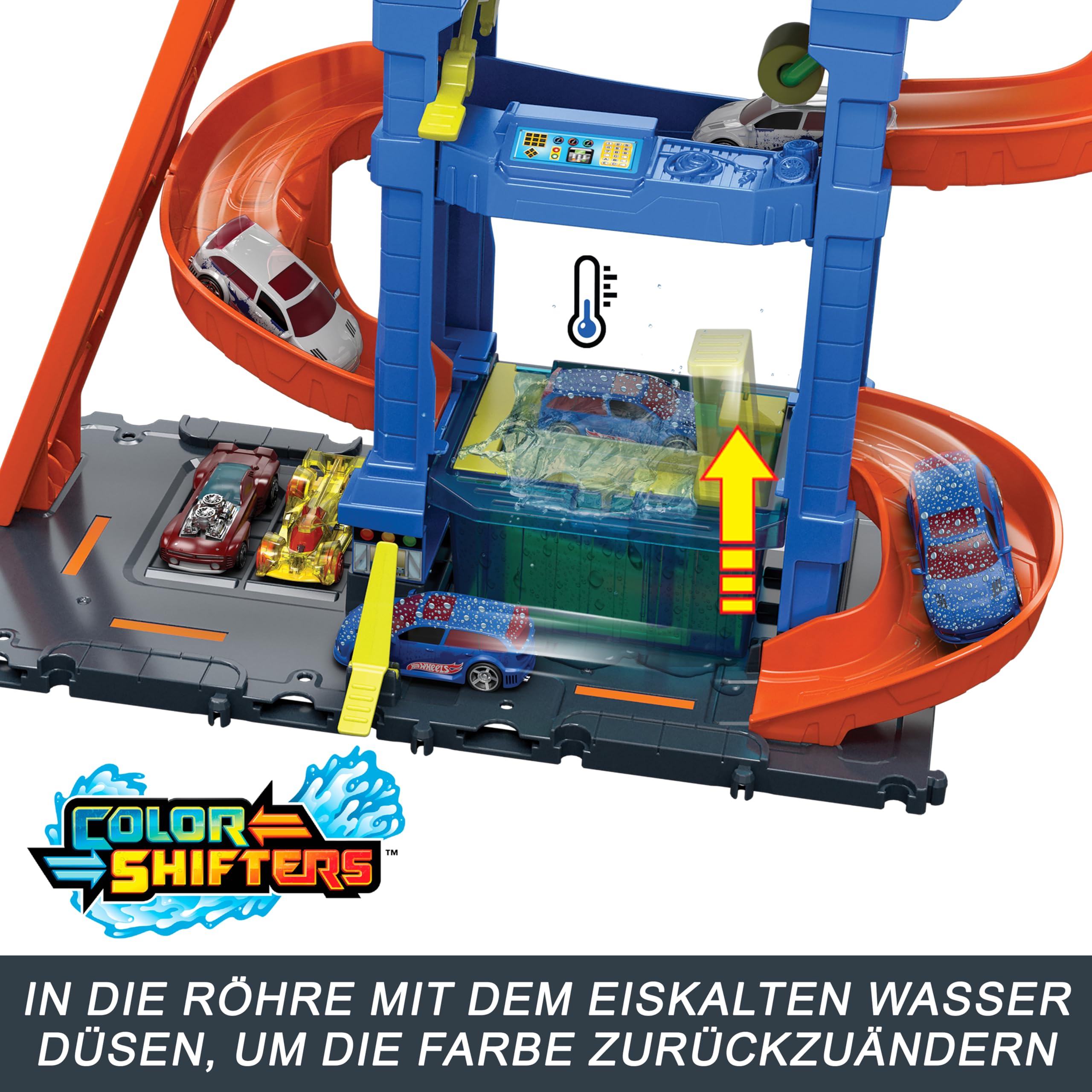 Hot Wheels Let's Race Netflix - City Spielzeugauto-Trackset, Farbwechsel-Tunnelautowaschanlage mit 1 Farbwechselfahrzeug im Maßstab 1:64, HTN80