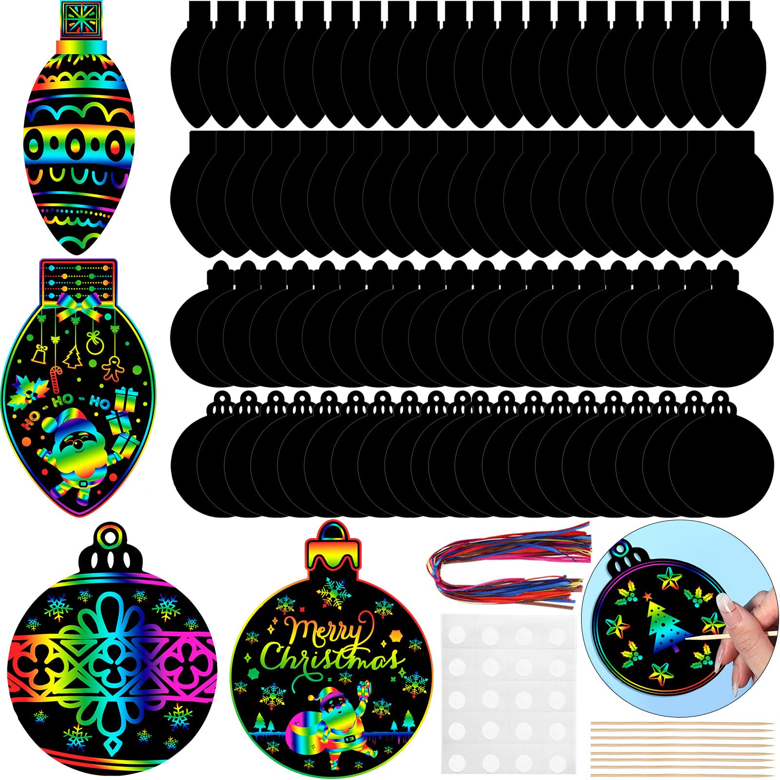 Hollowfly 80 Pieces Christmas Ornament Scratch Cards Rainbow Light Bulb Scratch Paper Christmas Tree Ornaments Christmas Party Supplies for Winter