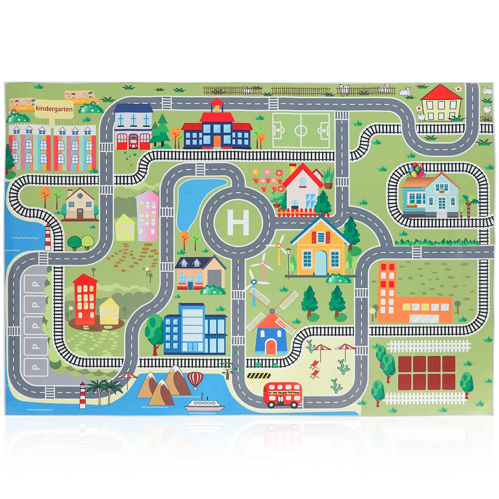 Spielteppich mit Straßen und Häusern, 120x160 cm rutschfest Teppich für Jungen & Mädchen, Autoteppich für Schlafzimmer Spielzimme Klassenzimme (A)