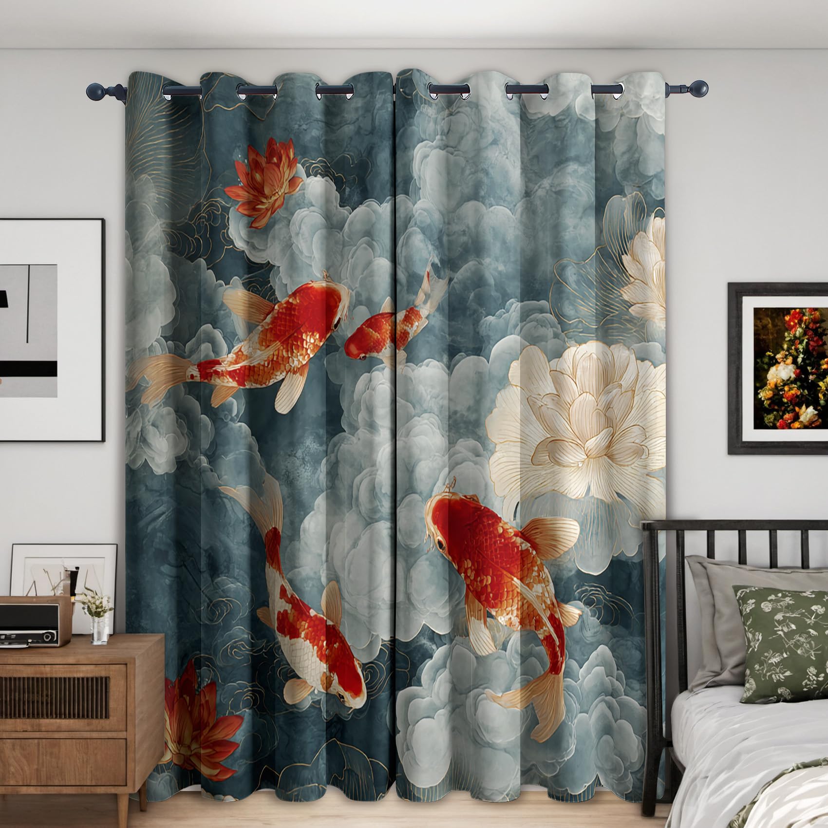 Koi Fish Japanese Curtains Blackout Thermal 72 Inch Drop, Oriental Asian Window Treatments for Living Room Bedroom Accessories, Eyelet Drapes 46x72, 2 Panels YD175