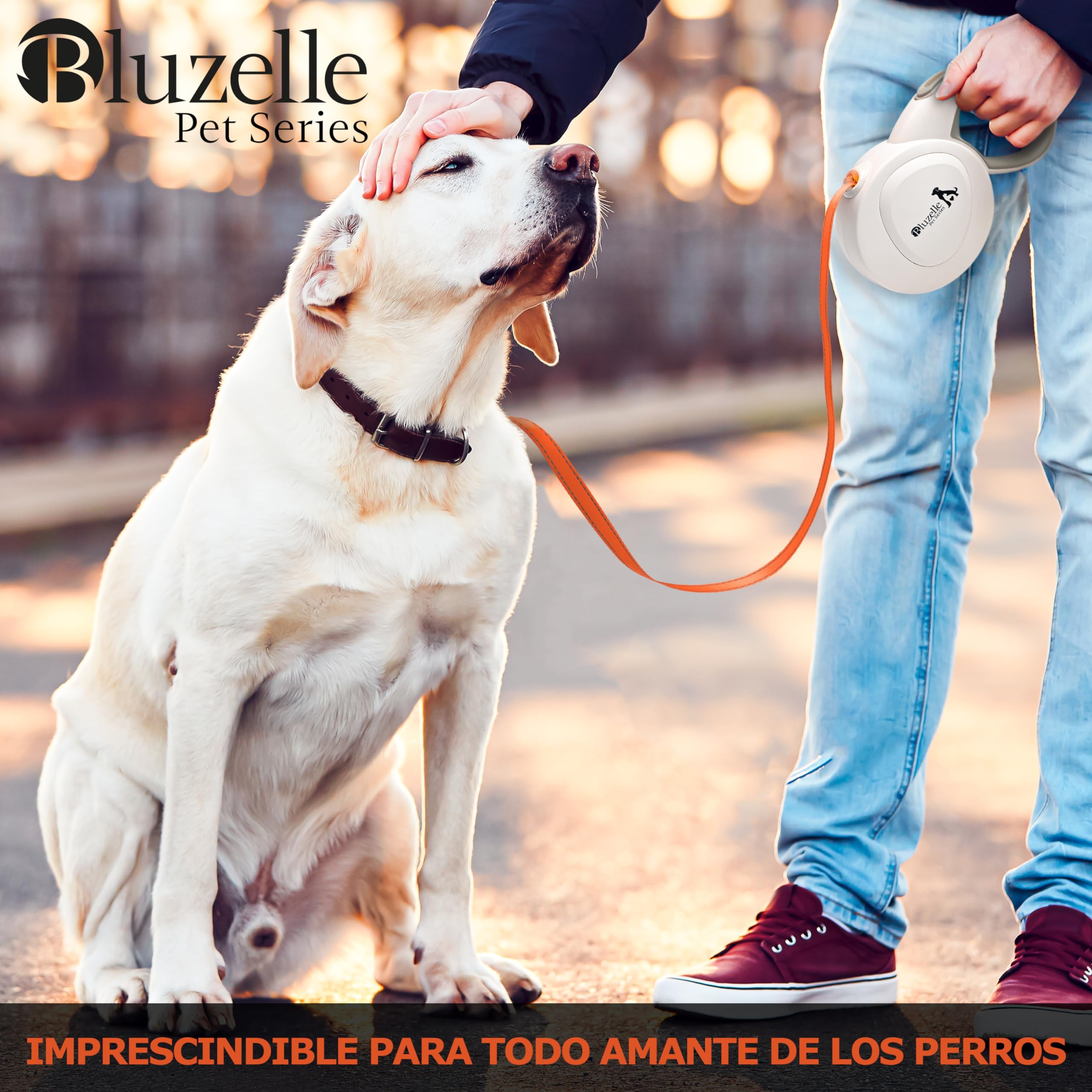Correa Perro Extensible 8m para Perros Grandes de hasta 50kg, Correa Reflectante Naranja Brillante con Mosquetones Metálicos de 360°, Asa Ergonómica de Goma, Freno Retráctil, Blanco