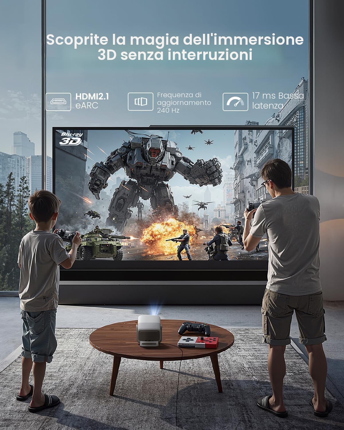 JMGO N1S 4K Mini Proiettore Portatile, Triple Laser, 1100 ISO Lumens, Gimbal Istantaneo Autofocus, Google TV, Netflix, 110% BT.2020, HDR10, Audio Dolby 10W, Blu-ray 3D, 200" per Esterno, Gaming, Feste