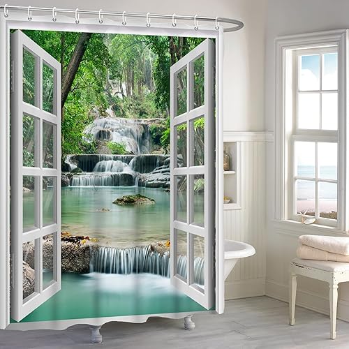 Renaiss Cortina de ducha de cascada de bosque de 72 x 72 pulgadas, diseño de bosque verde, agua, lago, selva tropical, selva, blanco, ventana de