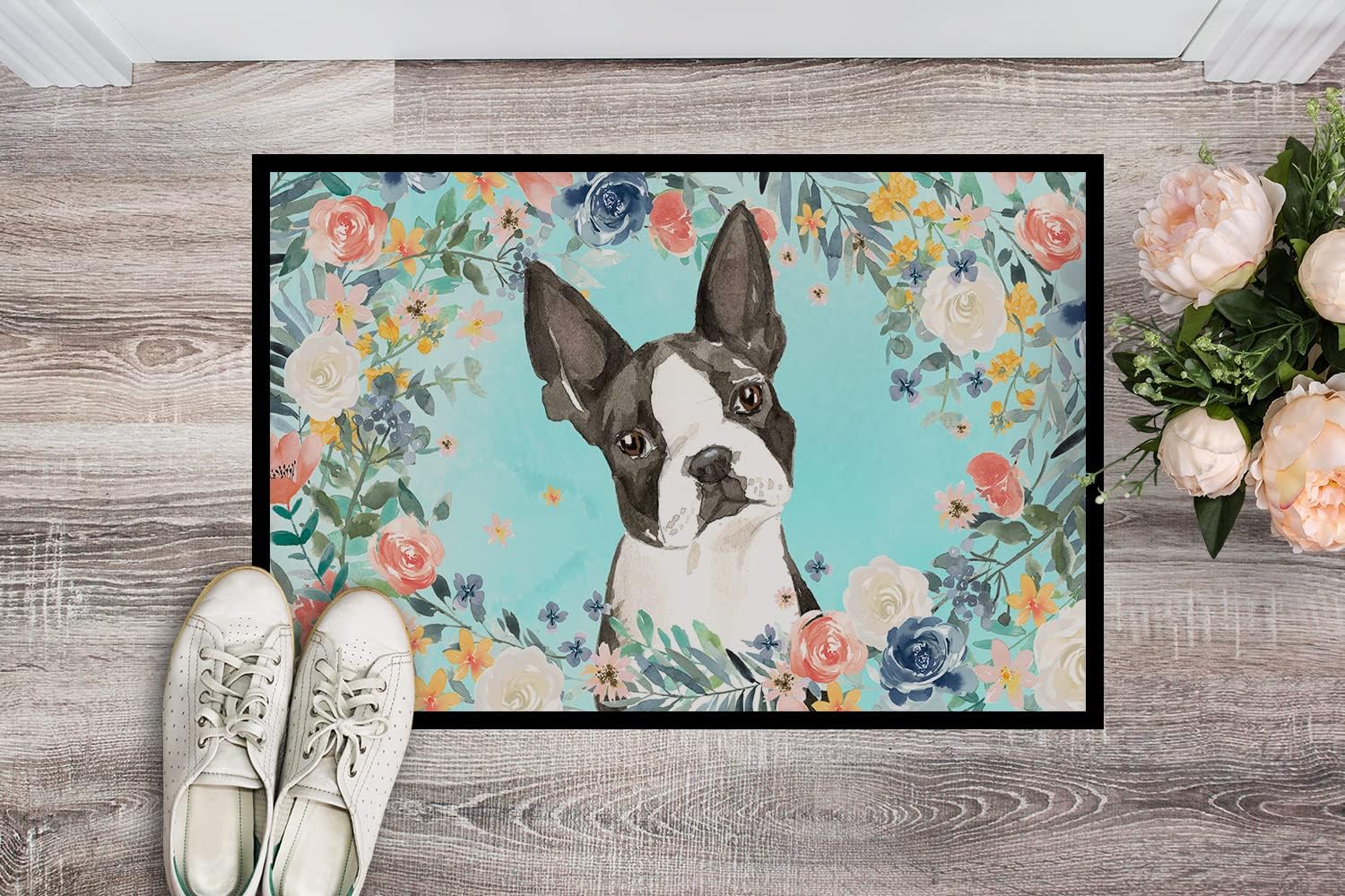 Caroline's Treasures CK3433MAT Boston Terrier Doormat 18x27 Front Door Mat Indoor Outdoor Rugs for Entryway, Non Slip Washable Low Pile, 18H X 27W