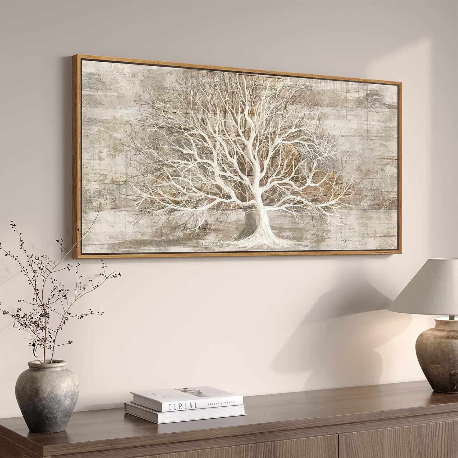 Framed Vintage Tree of Life Wall Art, Neutral Rustic Farmhouse Tree Canvas Painting Print Artwork for Walls, Gray White Beige Modern Abstract Forest Picture for Living Room Bedroom Office Wall Decor 40"L x 20"W Neutral White