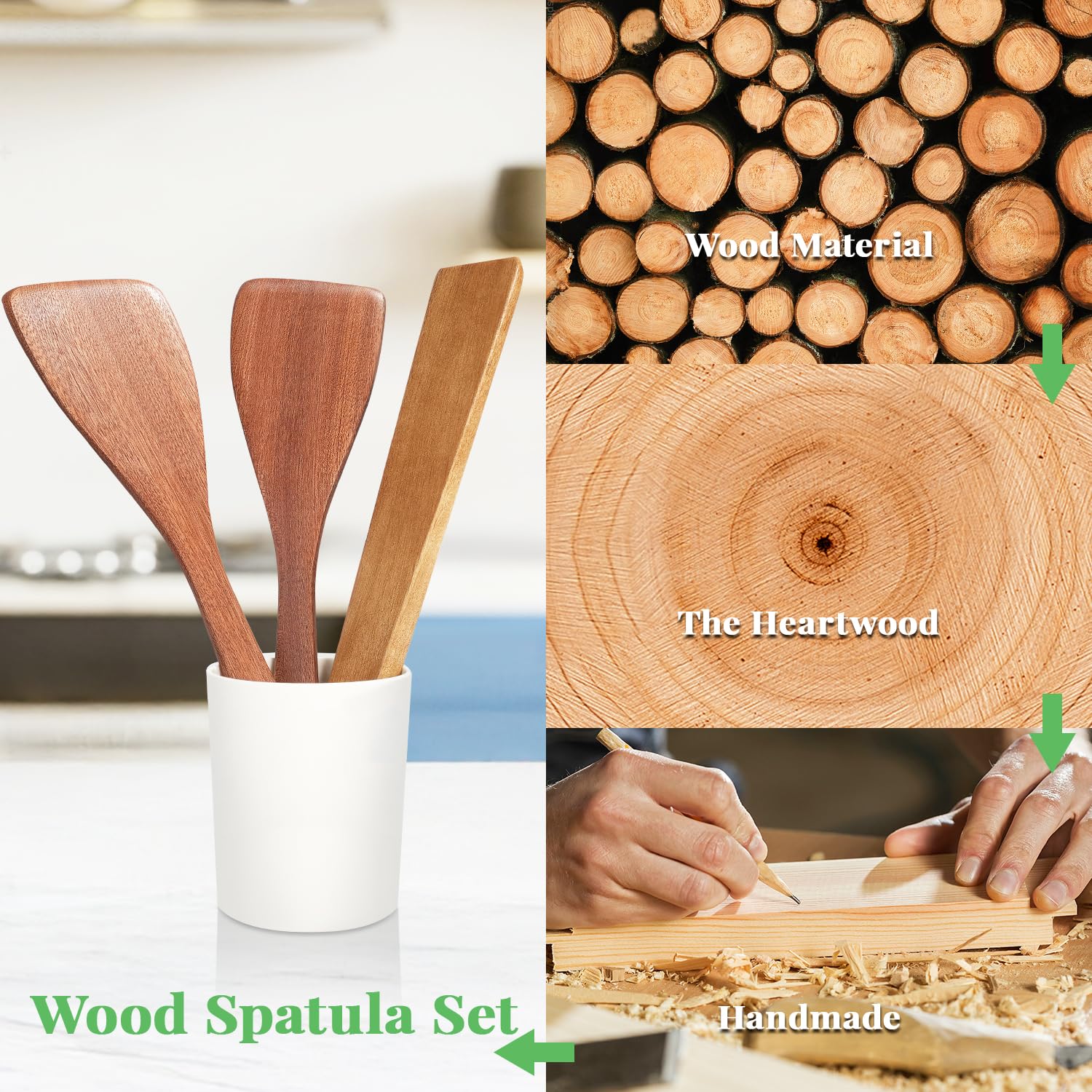 3 espátulas de madera, juego de espátulas planas de mango largo de 12 pulgadas para sartenes antiadherentes, cucharas de madera multiusos para cocinar, utensilios de cocina de madera para freír 4