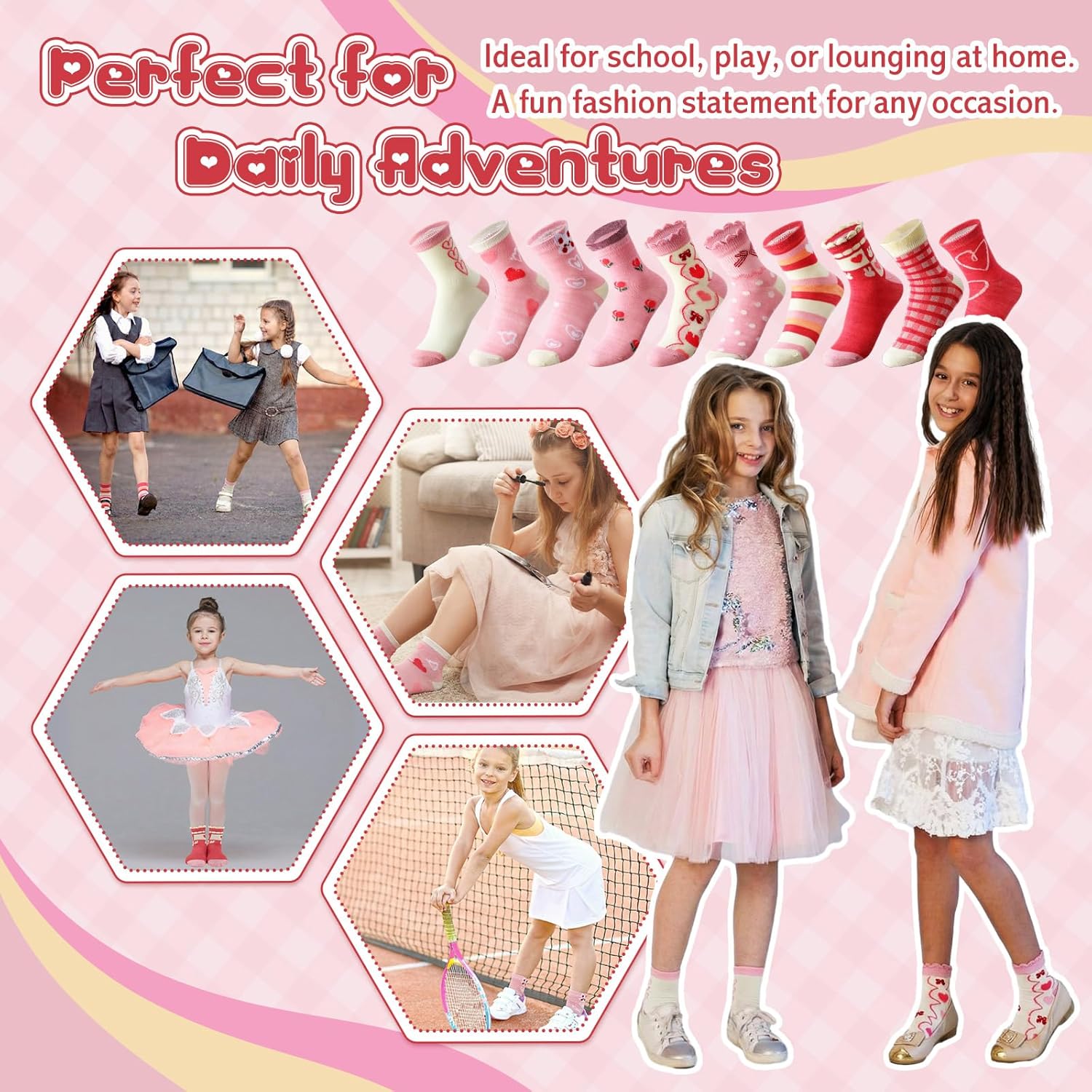 50 Pairs of Kids Girls Crew Socks Bulk, Cute Heart Pattern Ruffle Crew Socks for Kids Girls School 6-8 Years