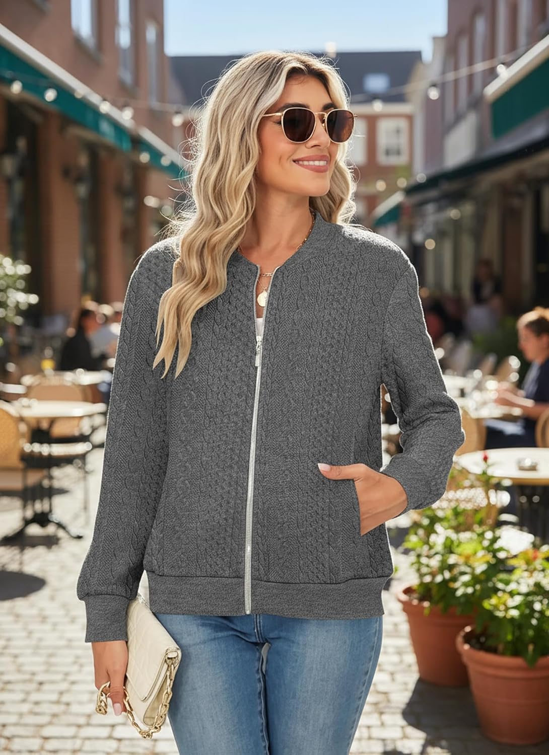 Women's Zip up Sweatshirt Jacket Stand Collar Hoodless Outerwear Casual Coat with Pockets - Image 2