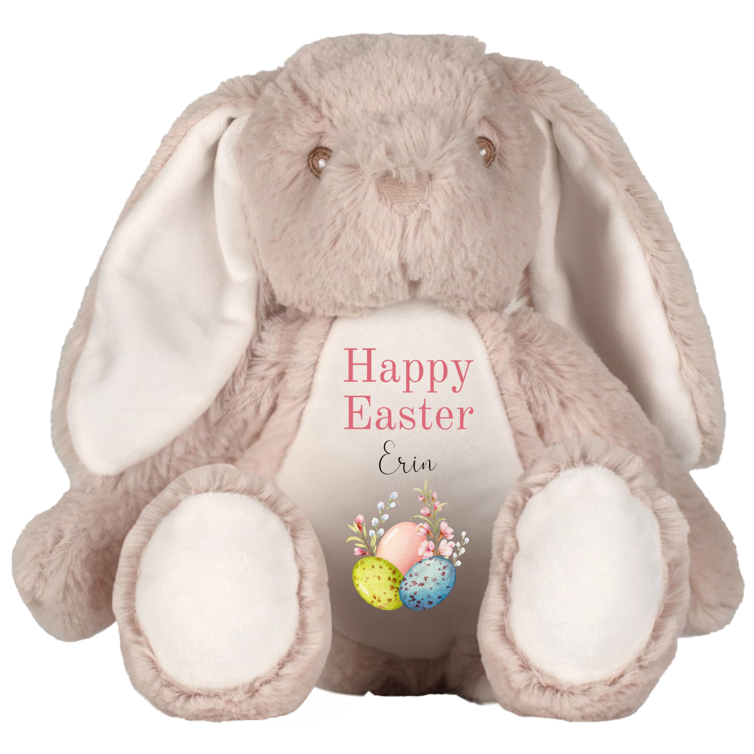 HotScamp Personalised Easter Bunny with Name - 3 Happy Easter Egg Pink - Soft Toy for Baby, Toddler, Children, Kids, Babies Spring Time - Pink Letter Brown Bunny — image 1