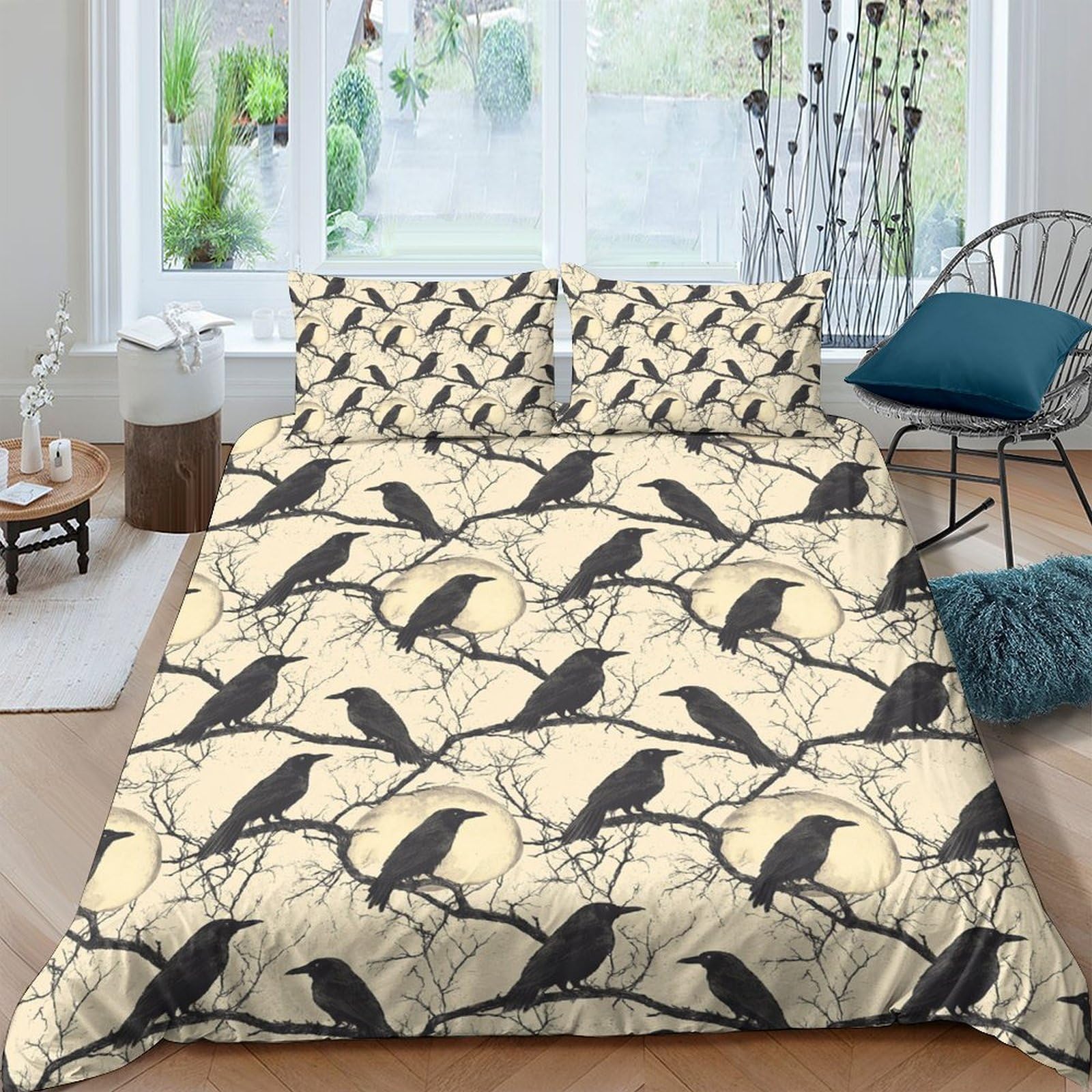 Ctjqhvkz Style-5 3D Printed Raven Branch Fitted Sheet Microfiber Soft Black Bird Moon Mattress Cover Bedroom Decor Single（135X200cm）